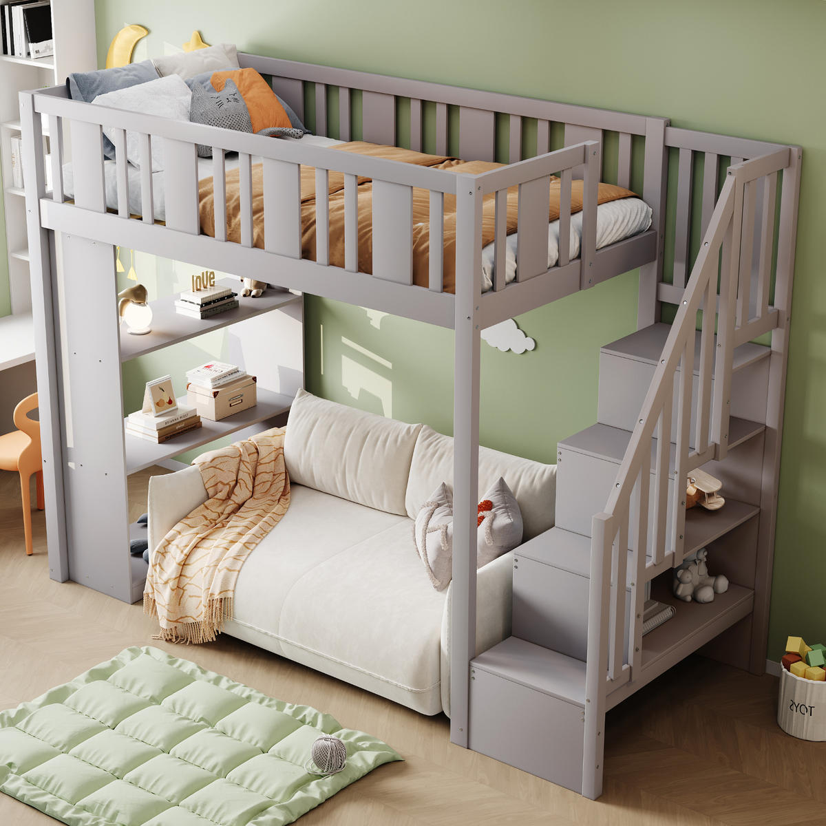 HOCHBETT 90/200 cm Grau aus Holz mit Stauraumtreppe - Grau, Holz (90/200cm) - OKMYHOME