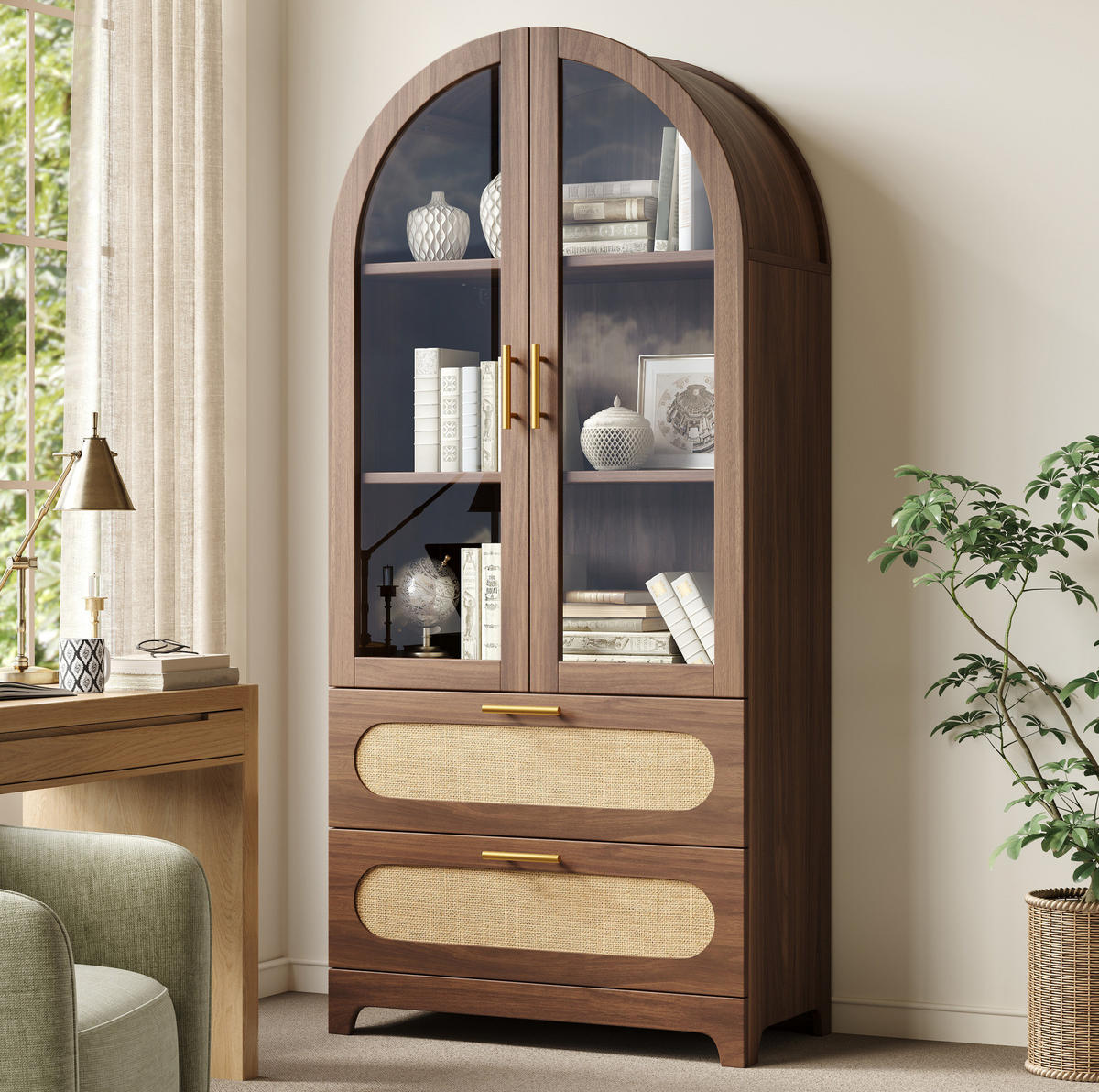VITRINE mit Glastüren 80 x 40 x 175 cm Holzoptik 2 Schubladen - Braun, Holzwerkstoff (40/175/80cm) - Meubliv