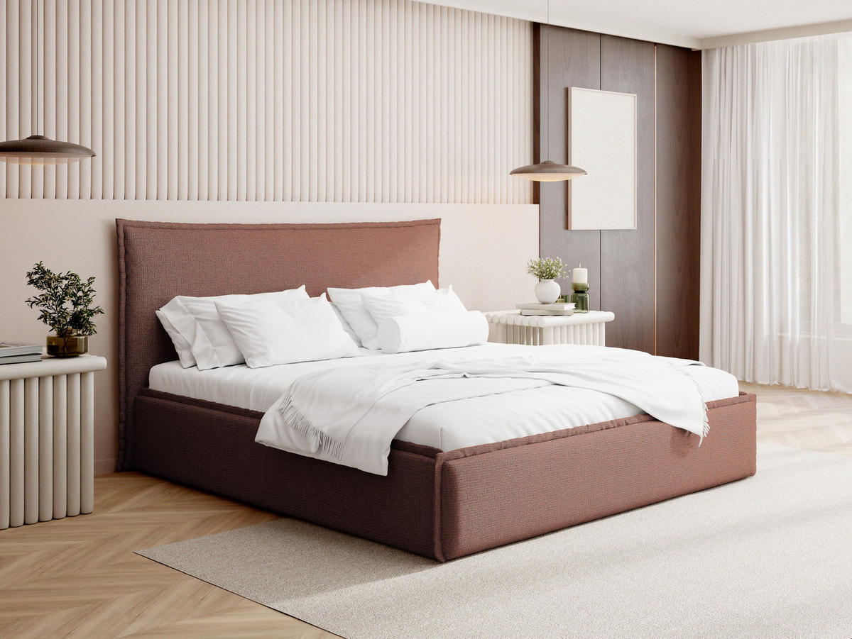 POLSTERBETT Pillow mit Bettkasten, Lattenrost & hohem Kopfteil in Terrakotta Chenille 120x200 cm - Birkefarben/Rot, Holz/Kunststoff (120/200cm) - WFL GROUP
