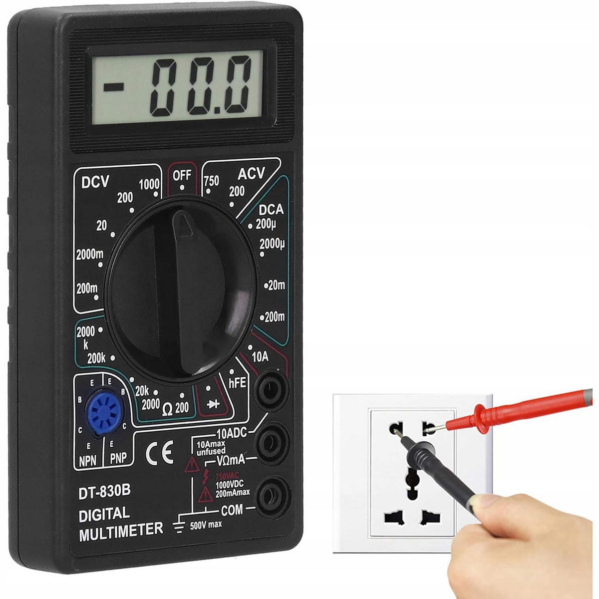 MULTIMETER DT-830B - Mini digital, LCD, DC 0-1000 V, AC 200-750 V, DC 0-10 A, 0-2 MΩ, Dioden- und Transistortest - Multicolor, Kunststoff/Metall (10/10/10cm)