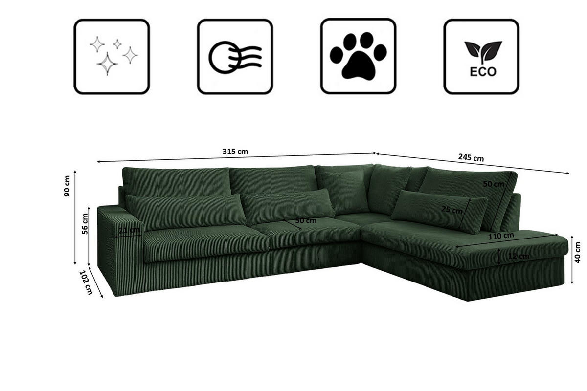 ECKSOFA L-Form SVEN Stoff Poso Grün Rechts - Grün, Textil (315/245cm) - Kaiser Möbel