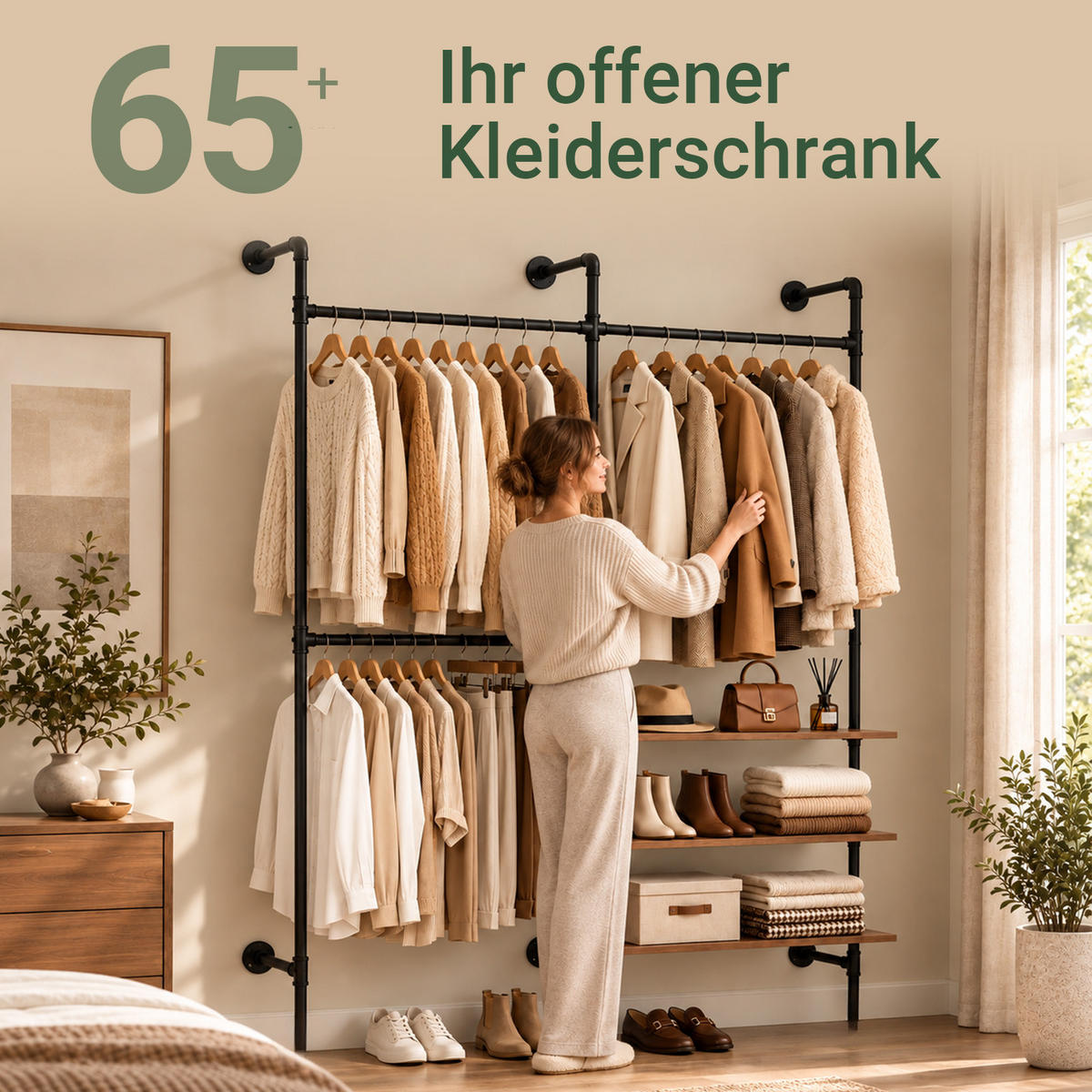 WANDGARDEROBE & Kleiderständer 220x168 cm, 3 Stangen und 3 Böden in Holzoptik, Schwarzes Stahlrohr, Industrial, Flur & Schlafzimmer - Schwarz, Kunststoff (168/220/46cm) - SoBuy