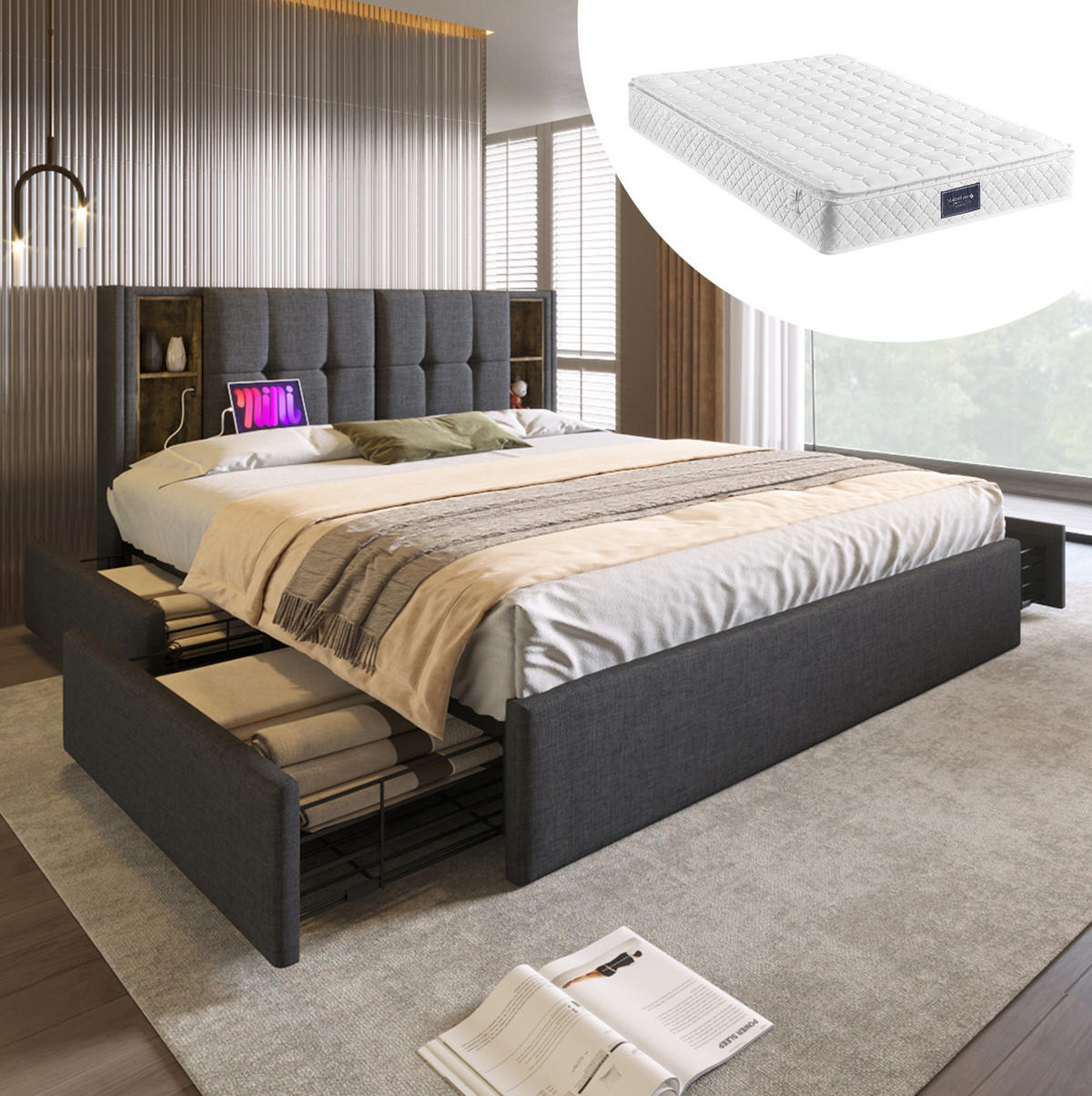 ČALOUNĚNÁ postel 160/200 cm z lněné tkaniny s bezdrátovým nabíjením, USB-C a 4 zásuvkami, šedá - šedá, textil (160/200cm) - Redom