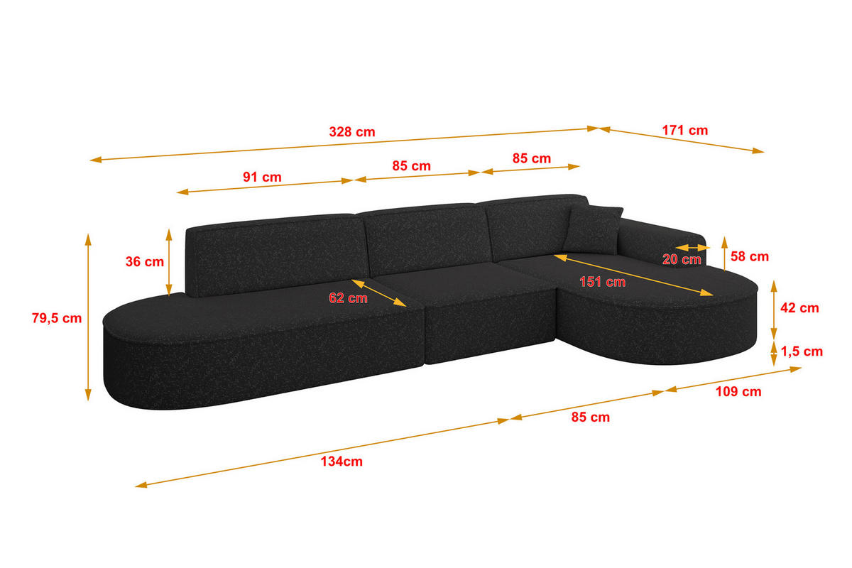 ECKSOFA Ottomane Rechts MARI-L2 - 328x171x79 cm Schwarz Tissu - Schwarz, Holzwerkstoff/Kunststoff (171/328cm) - ALTDECOR