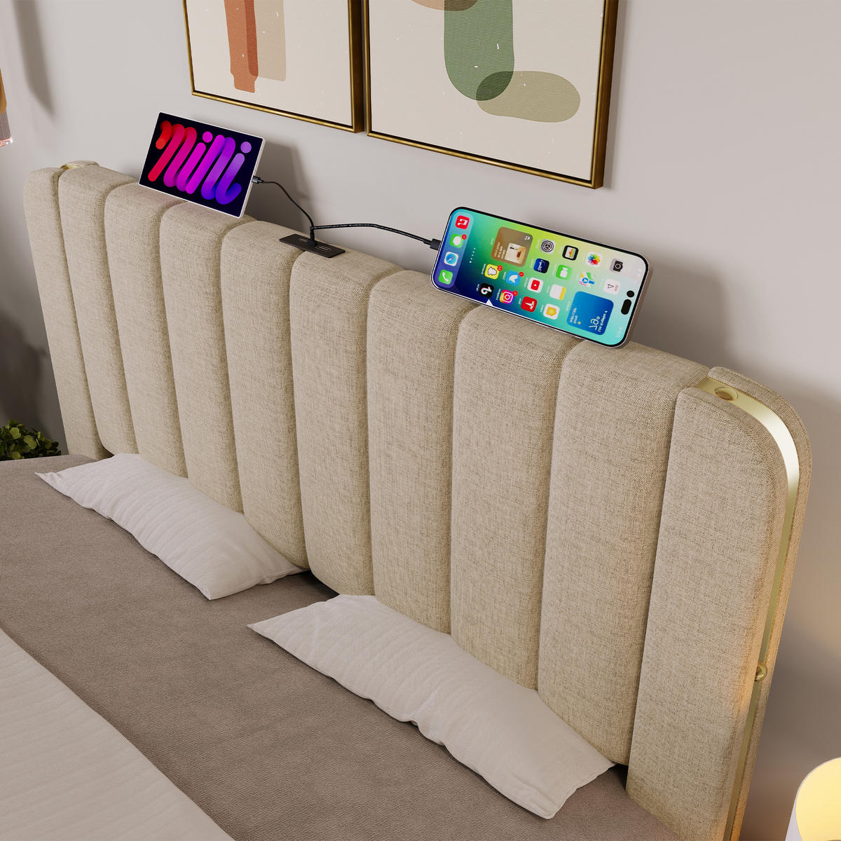POLSTERBETT 160/200 cm in Beige mit 4 Schubladen, USB und Type-C Stoff - Beige, Holzwerkstoff/Textil (160/200cm) - STILVORA