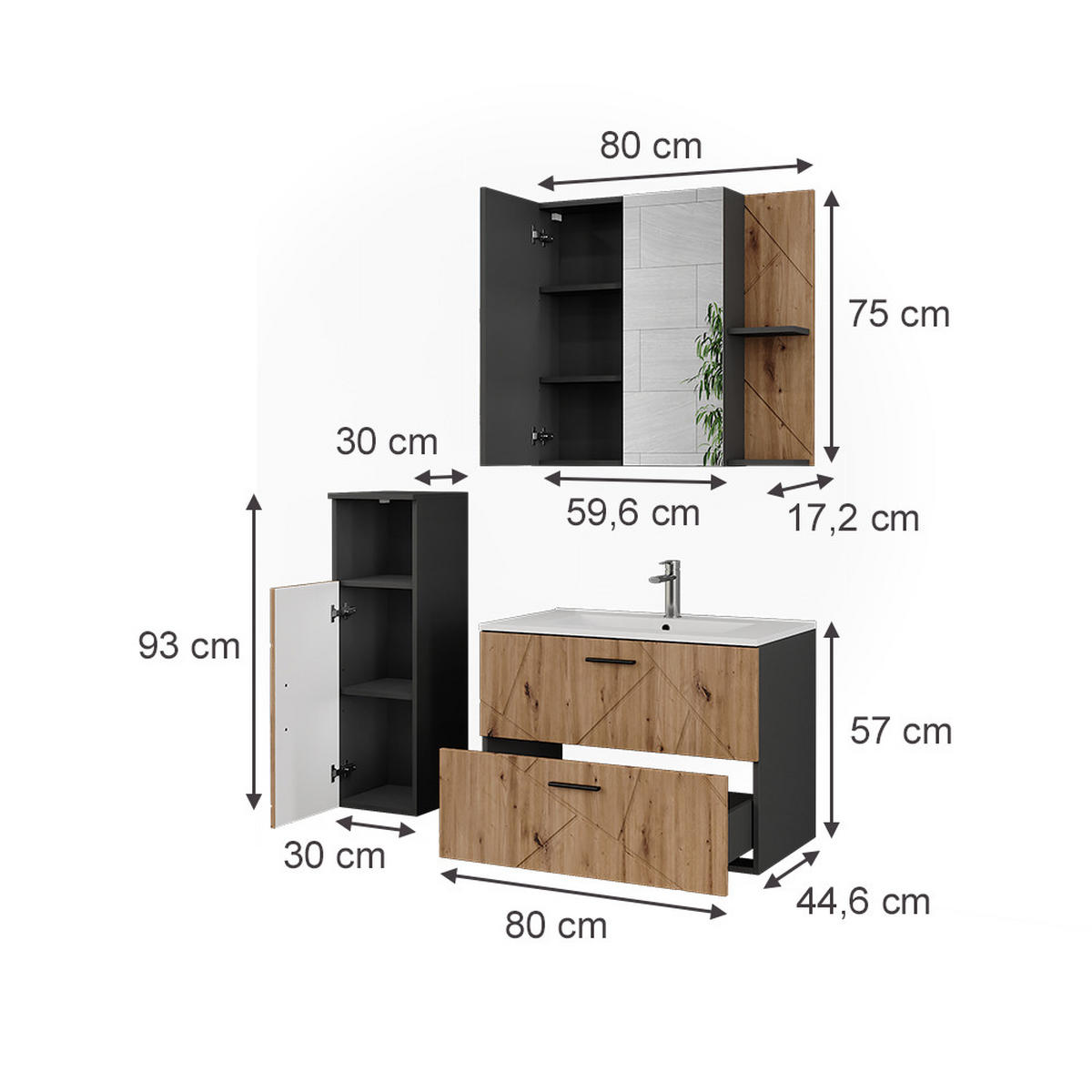 KOUPELNOVÝ NÁBYTEK Irma Antracit/Artisan - antracitová/dub artisan, kompozitní dřevo (80/57/44.6cm) - Vicco
