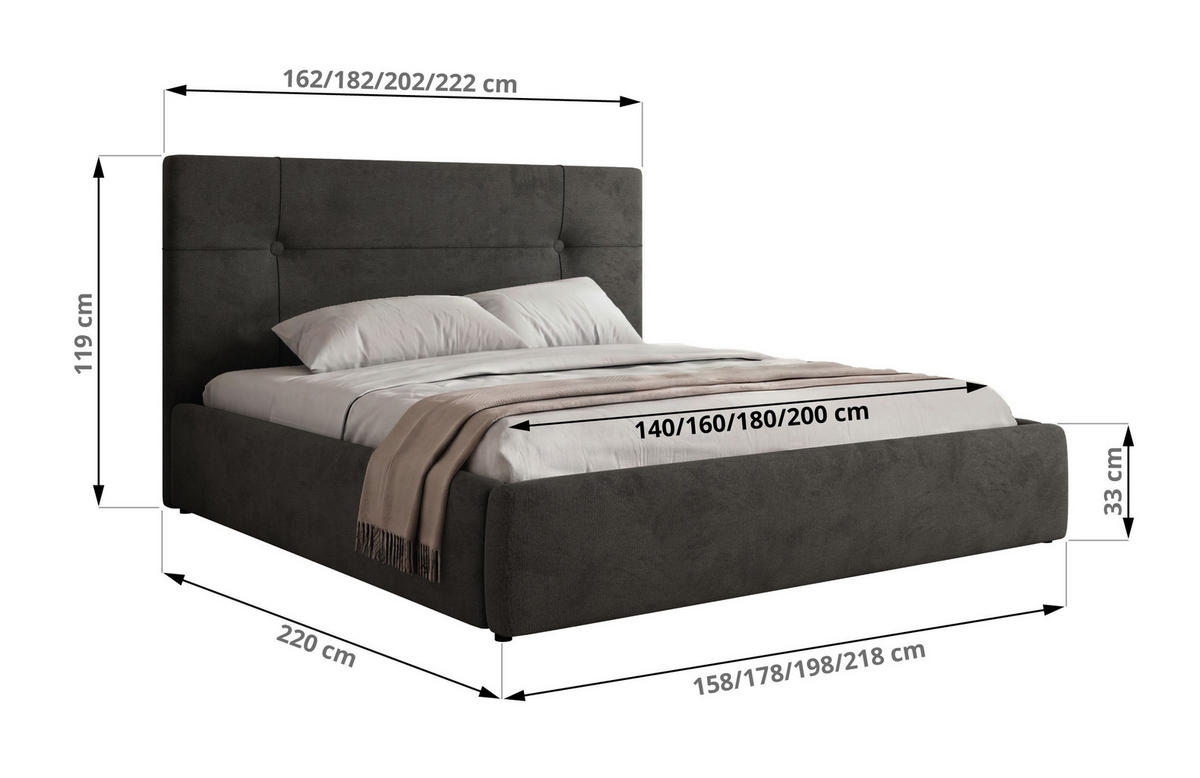 ČALÚNENÁ POSTEĽ CALERIO CLASSIC 140/200 - Tmavosivá Samet - Matrac Multipocket - čierna/tmavosivá, textil/plast (140/200cm) - MKS