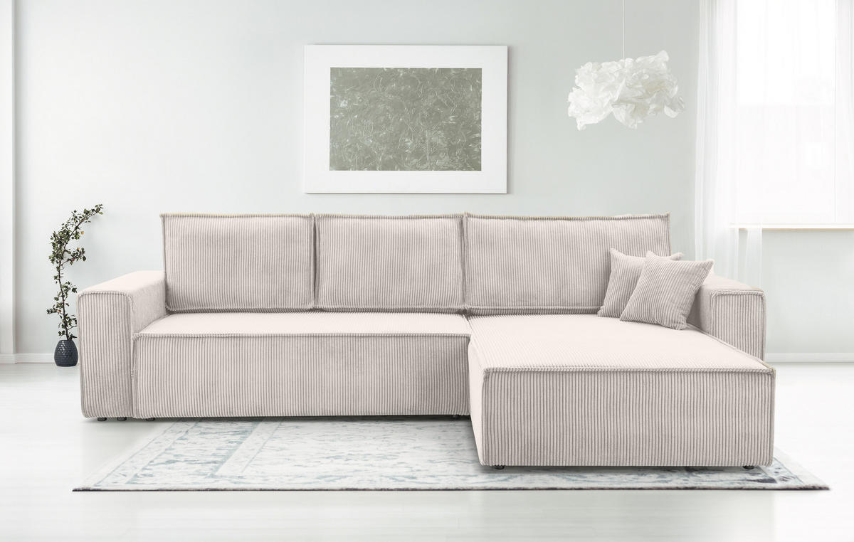 ECKSOFA L Form Cedria Zartweiß 287/145/85 cm mit Schlaffunktion - Creme/Schwarz, Kunststoff/Textil (287/145cm) - AX Living