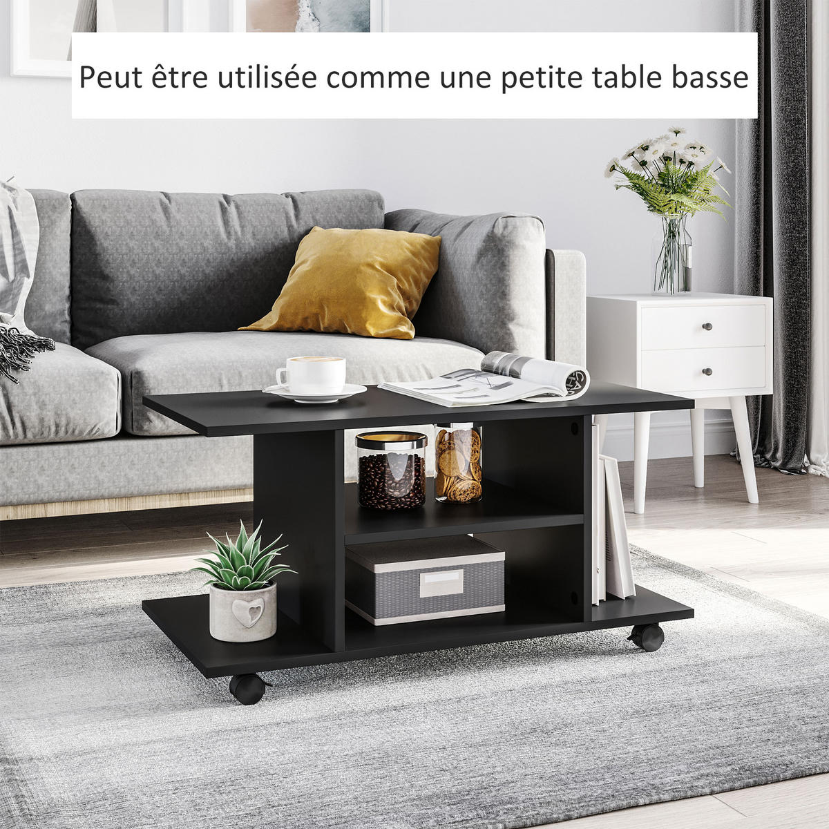 TV-BANK Schwarz 80/40/40 cm, auf Rollen, mit Ablagen - Schwarz, Holz (80/40/40cm) - PANGIVO
