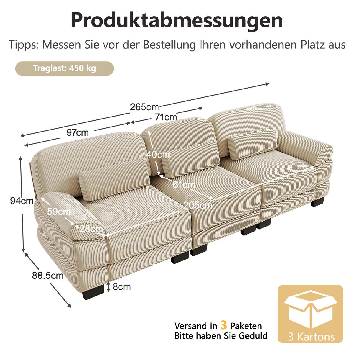 3-SITZER-SOFA mit Lendenkissen, Cordbezug, DE-42659, Beige - Beige, Holz (265/94/88.5cm) - ComfortXL