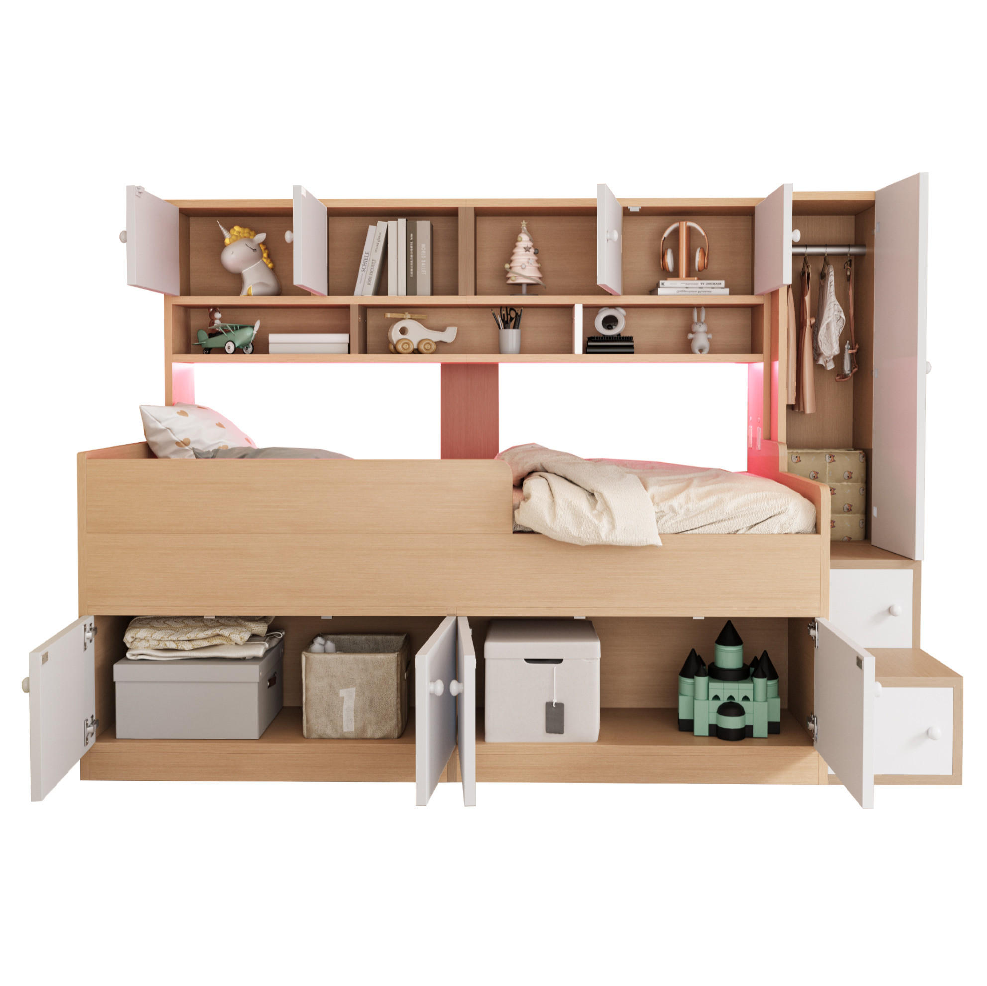 HOCHBETT 90/200 cm aus MDF mit Stauraum, Kleiderschrank, LED-Beleuchtung und Sicherheitsgeländer, farbe - Eichefarben, Holzwerkstoff (90/200cm) - Redom