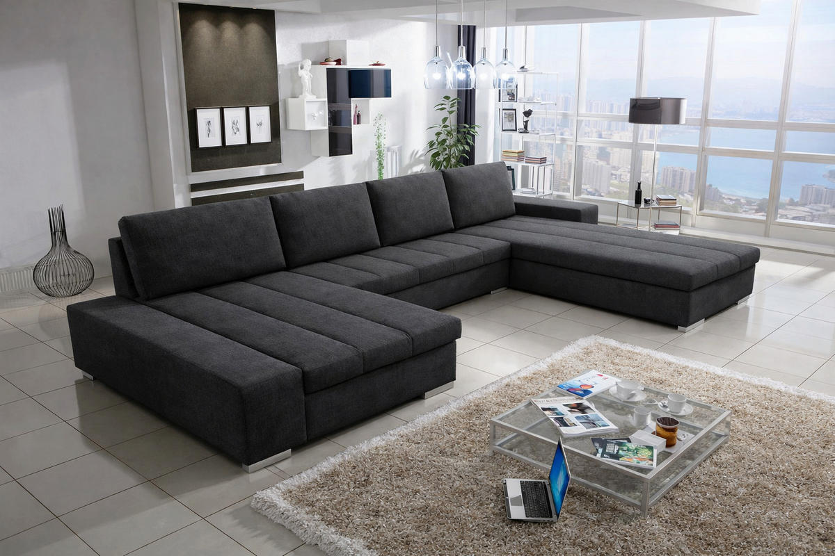WOHNLANDSCHAFT VERONA U-Form mit Schlaffunktion, Bettkasten und Wellenfederung – Großzügiges Ecksofa 387 cm - Anthrazit, Kunststoff (387/85/213cm) - Wohnideebilder