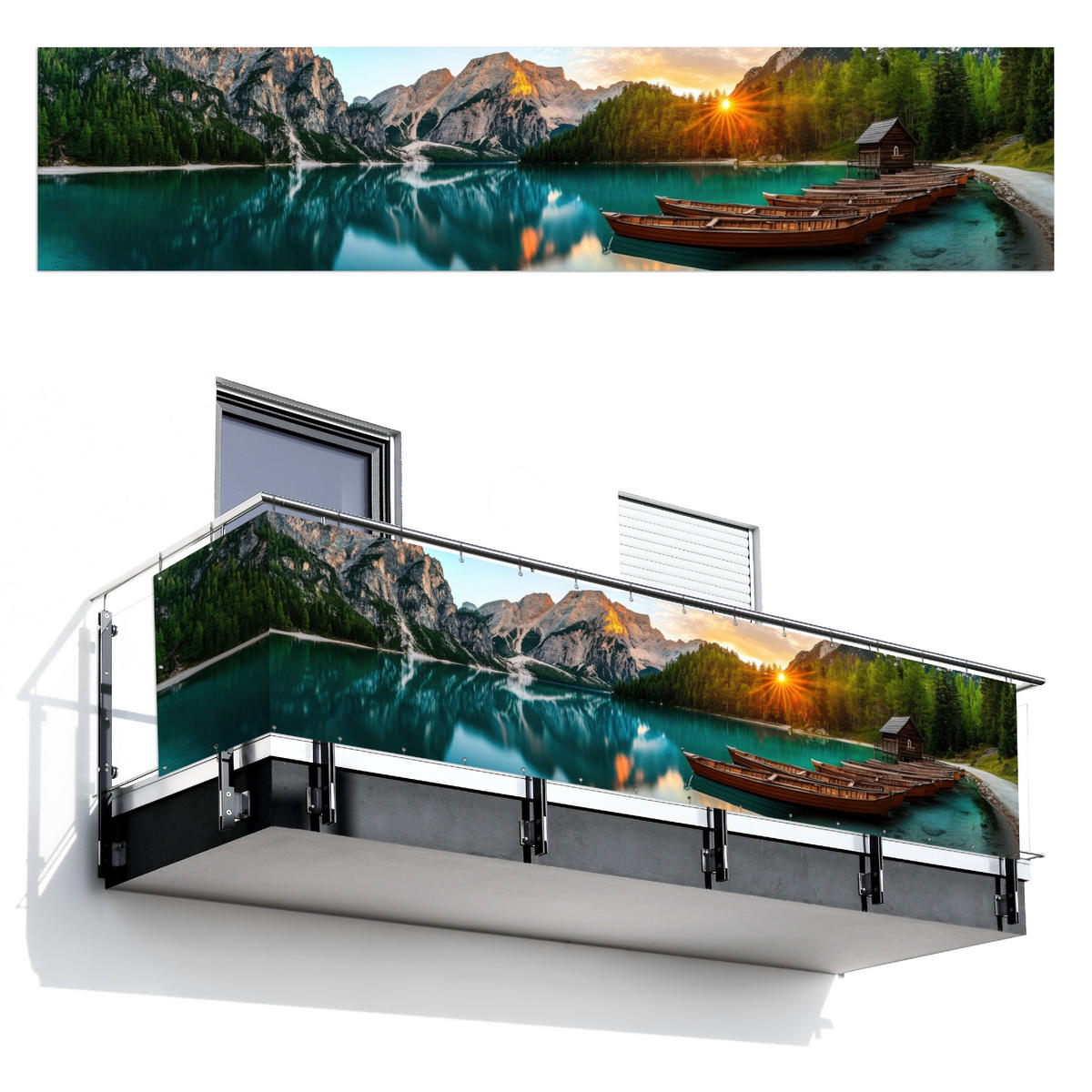 BALKON-SICHTSCHUTZ See - Berge - Sonnenuntergang - Boot - Petrol, Kunststoff (500/110cm) - MuchoWow
