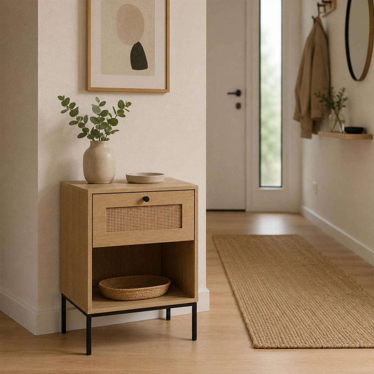 KOMODA přírodní černá ratanový vzhled zásuvka - světle hnědá, kov/kompozitní dřevo (40/55/40cm) - Relaxdays