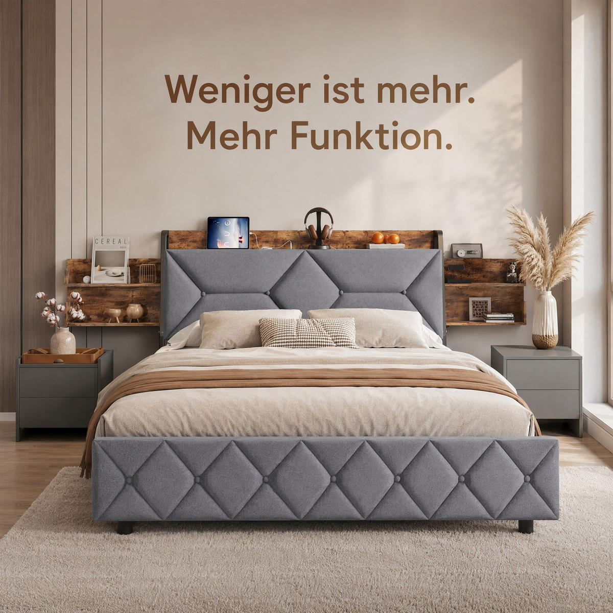 POLSTERBETT 140x200 mit Stauraum, 4 Schubladen und Steckdose, Lattenrost, Kopfteil mit verstecktem Stauraum, Grau - Grau, Holz/Textil (140/200cm) - GENKI LIVING