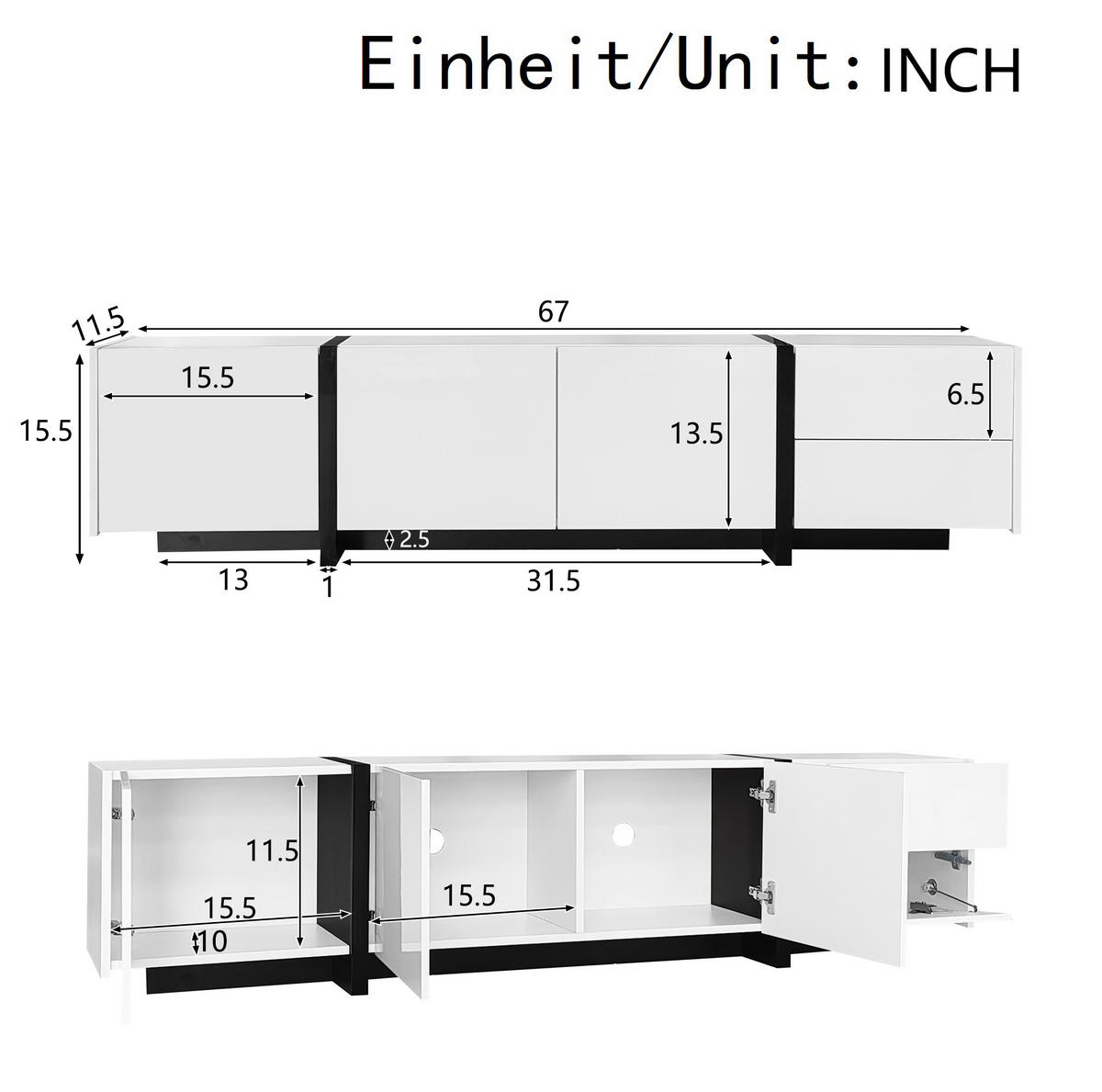 LOWBOARD 170/30/39 cm Weiß/Schwarz aus Holzwerkstoff mit Hochglanzfront - Weiß, Holzwerkstoff (30/39/170cm) - OKMYHOME