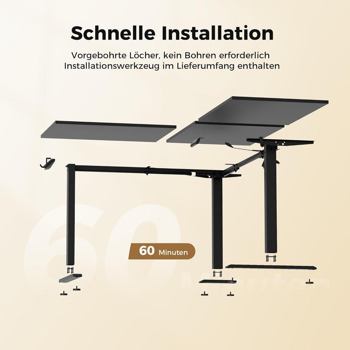 SCHREIBTISCH L-förmig höhenverstellbar Schwarz 150 x 125 cm - Schwarz, Metall (150/60/75cm)