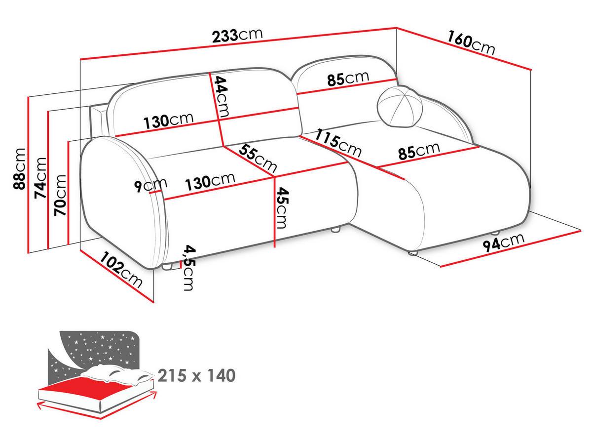 ECKSOFA Dream L - Creme/Schwarz, Holz/Kunststoff (233/160cm) - MIRJAN24