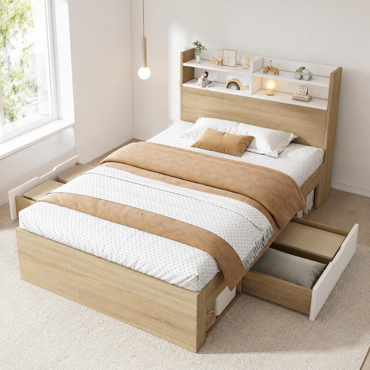 JUGENDBETT 90/200 mit Stauraum, Ablagefächern und Matratze in Weiß/Eiche - Eichefarben/Weiß, Holzwerkstoff (90/200cm) - EVRYAE