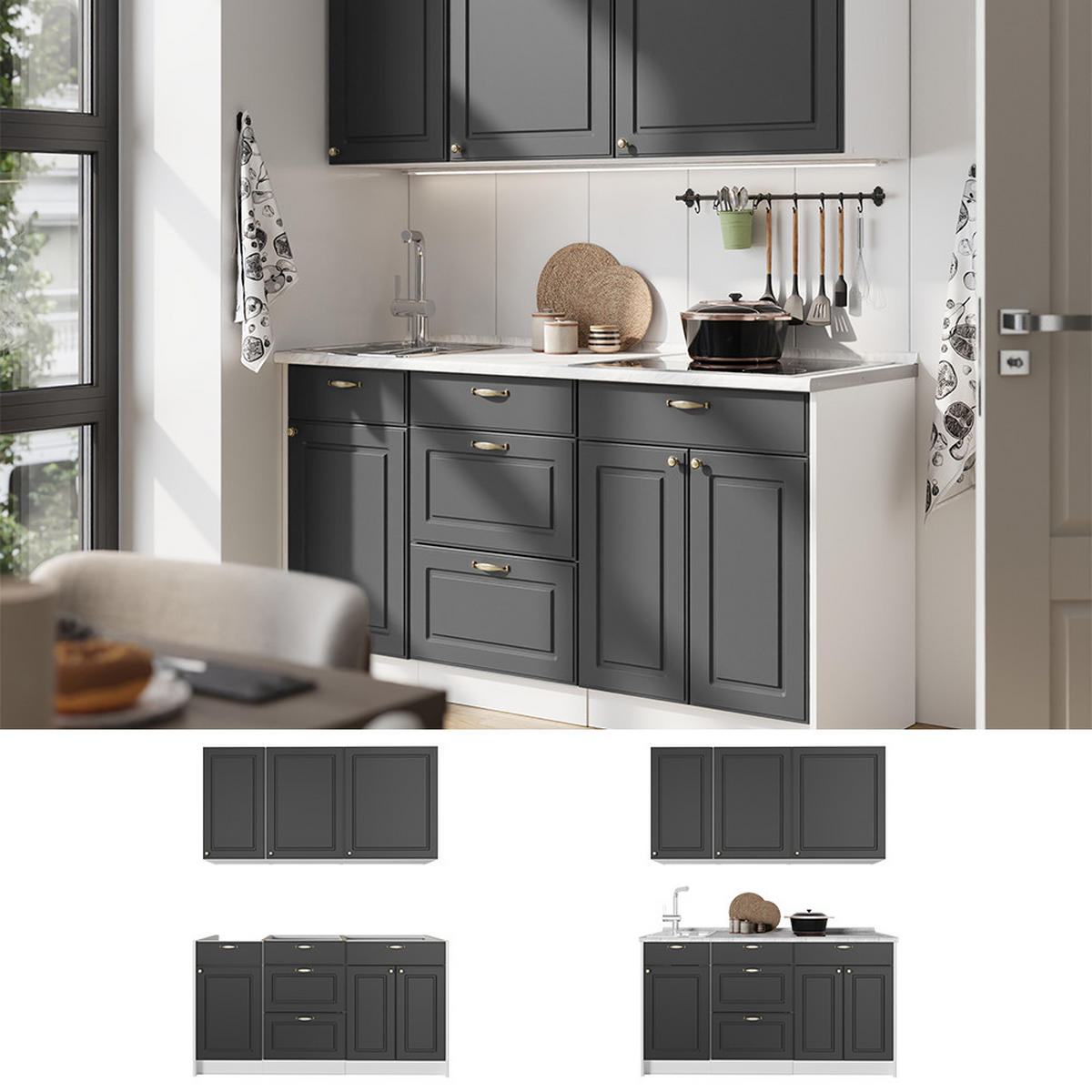 SAMOSTATNÁ KUCHYŇA Fame-Line, Antracitovo-zlatý vidiecky dom/biely, 150 cm, AP Marble - biela/antracitová, kompozitné drevo (150/82/60cm) - Vicco
