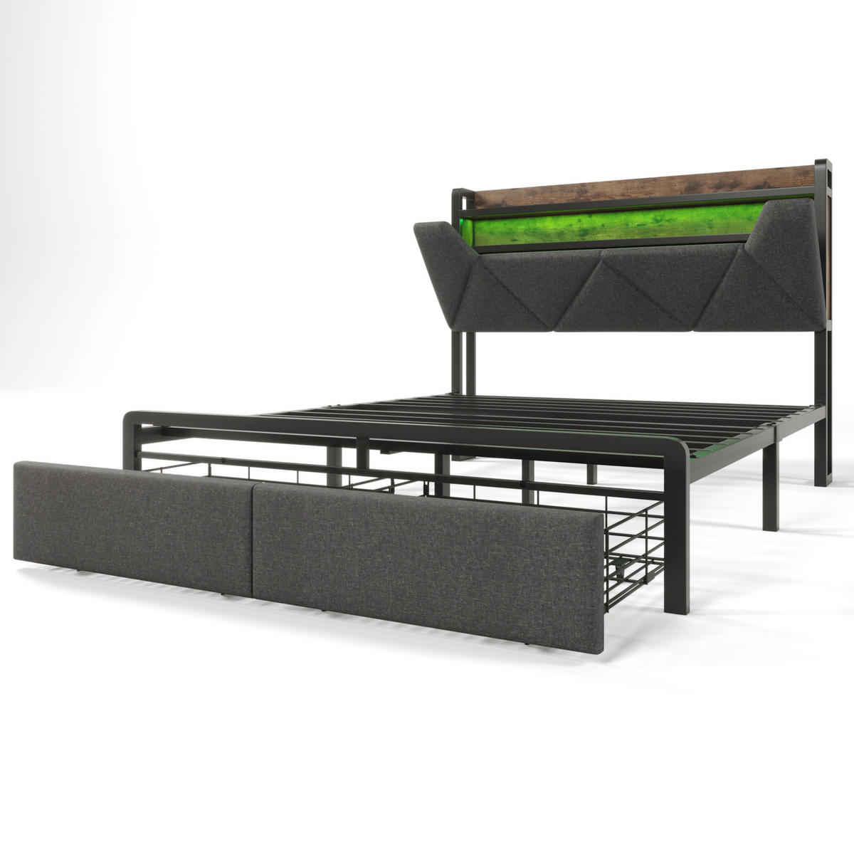 POLSTERBETT 160/200 cm mit LED, USB- und Typ-C-Anschluss, Stauraum-Kopfteil und 2 Schubladen, Grau - Grau, Textil (160/200cm) - Redom
