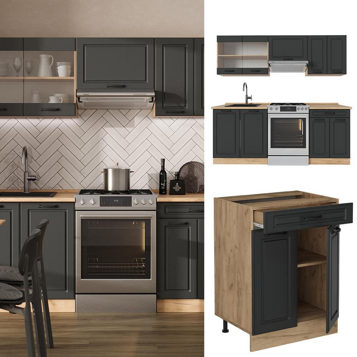 KITCHENETTE R-Line Casa de țară antracit / stejar auriu 200 cm fara blat - stejar miere/antracit, compozit lemnos (200/81.6/46cm) - Vicco