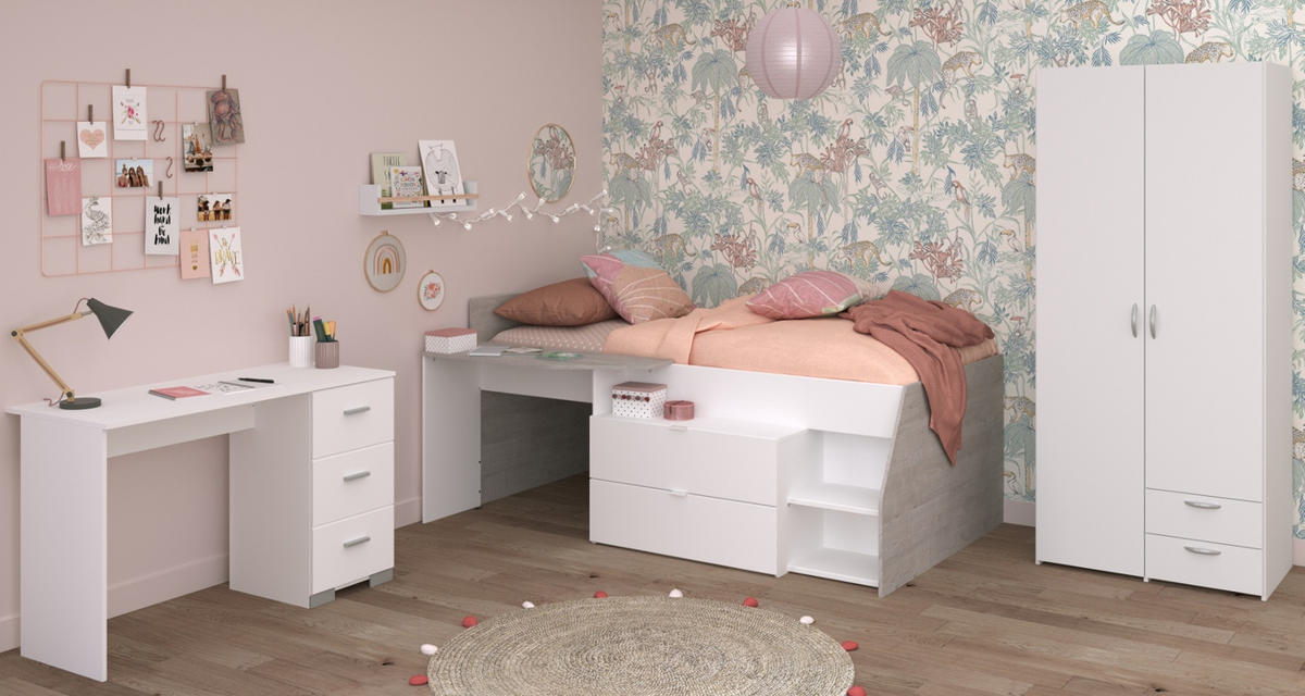 KINDERZIMMER weiß, grau, Komplett-Set mit Stauraumbett, Kleiderschrank, Schreibtisch - Silberfarben/Weiß, Holzwerkstoff/Kunststoff (135/185/203cm) - Parisot Meuble