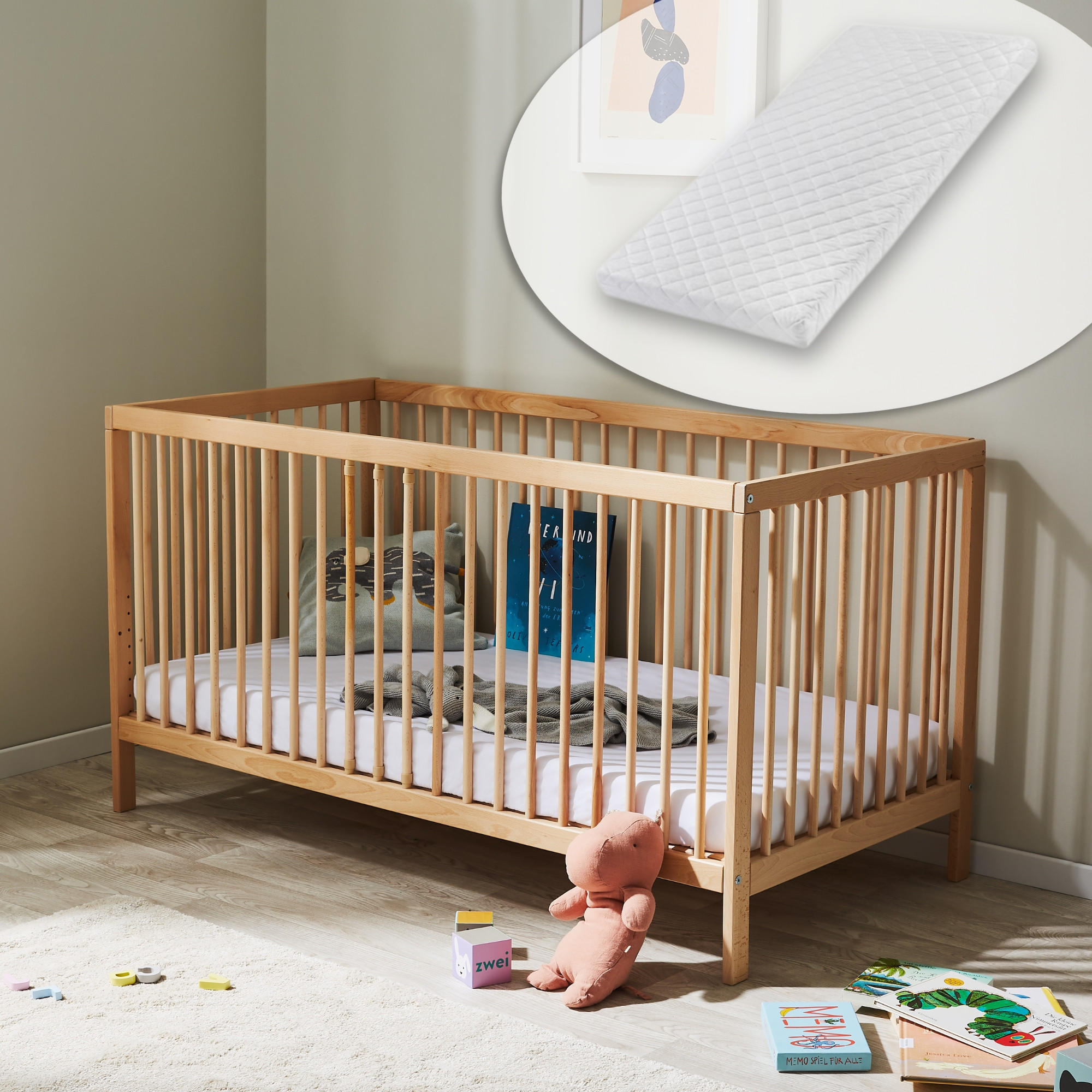 BABYBETT mit Matratze 60x120 cm in Weiß - Naturfarben, Holz (60/120cm) - Kids Collective