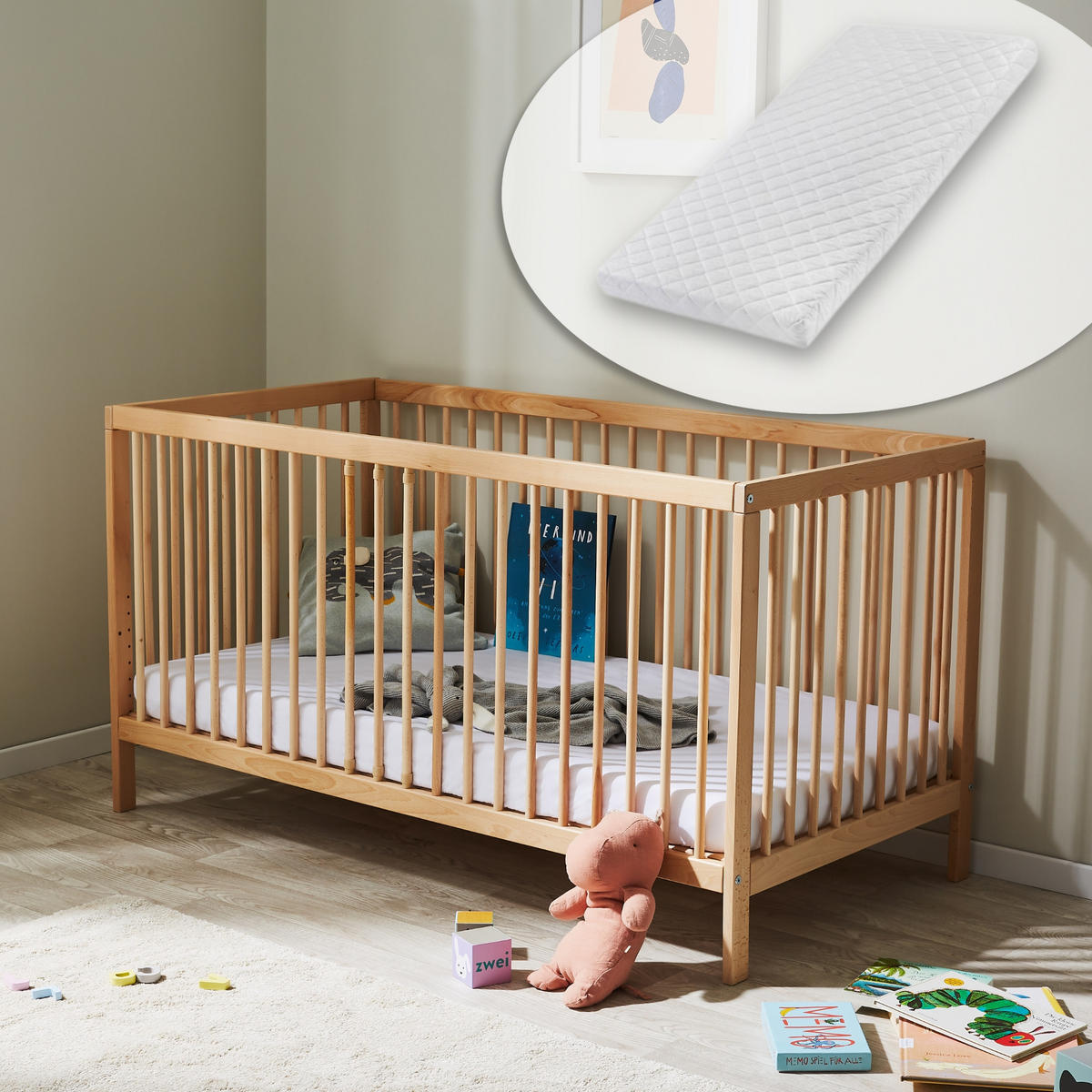 BABYBETT mit Matratze 60x120 cm in Weiß - Naturfarben, Holz (60/120cm) - Kids Collective