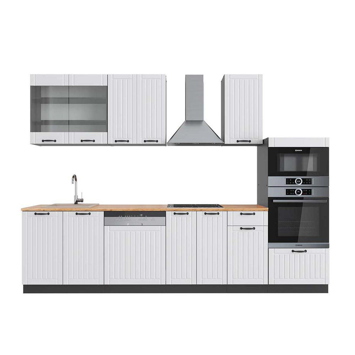 KÜCHENZEILE Fame-Line Weiß Landhaus/Anthrazit 300 cm mit Hochschrank AP Eiche - Anthrazit/Creme, Holzwerkstoff (300/81.6/60cm) - Vicco
