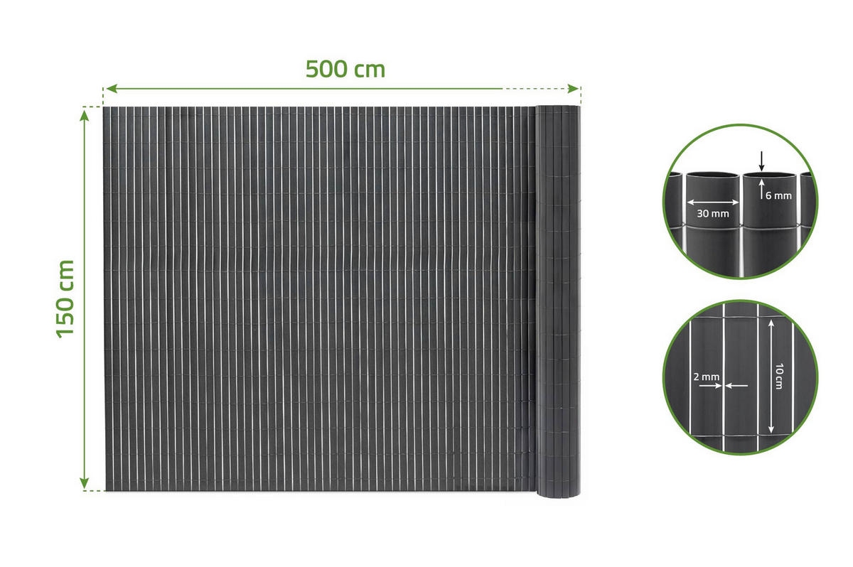 PVC Sichtschutzmatte VISO doppelseitig 5m x 1,5m Anthrazitgrau - Anthrazit, Metall (500/150cm) - Casanoov
