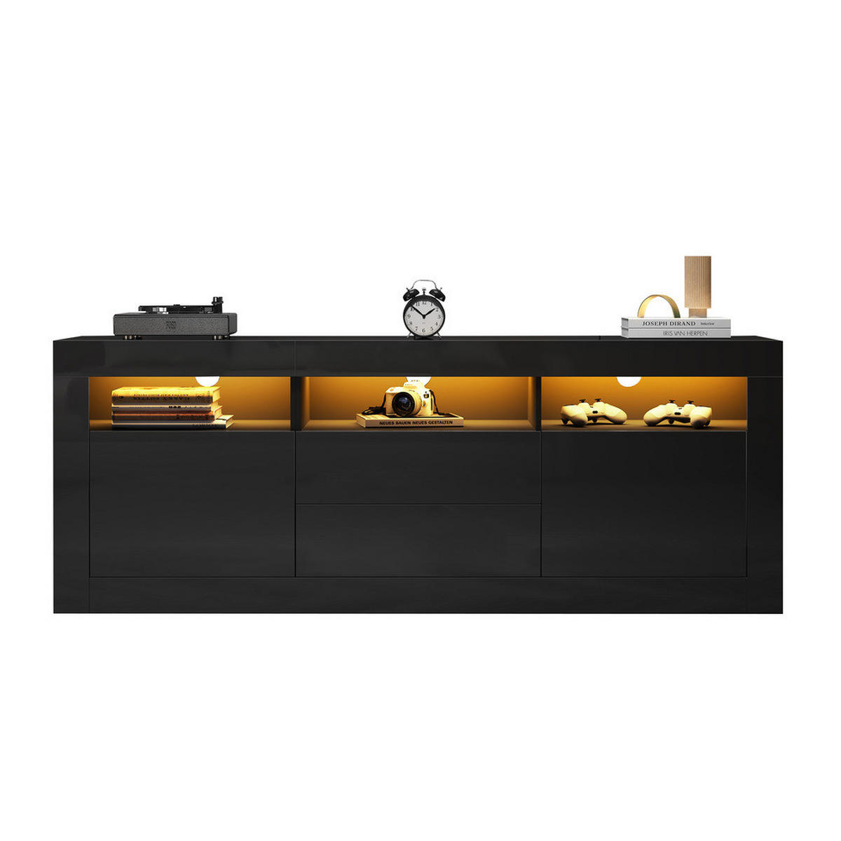 TV-SCHRANK 160x35cm Hochglanz LED-Beleuchtung 3 Fächer 2 Türen 2 Schubladen - Schwarz, Holz (44/22.5/70cm) - FLIEKS