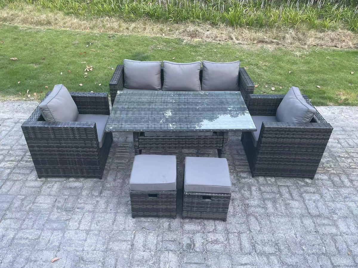 LOUNGEGARNITUR mit Fußschemel Polyrattan Dunkelgrau 7-Sitzer - Dunkelgrau/Grau, Glas/Kunststoff - Fimous