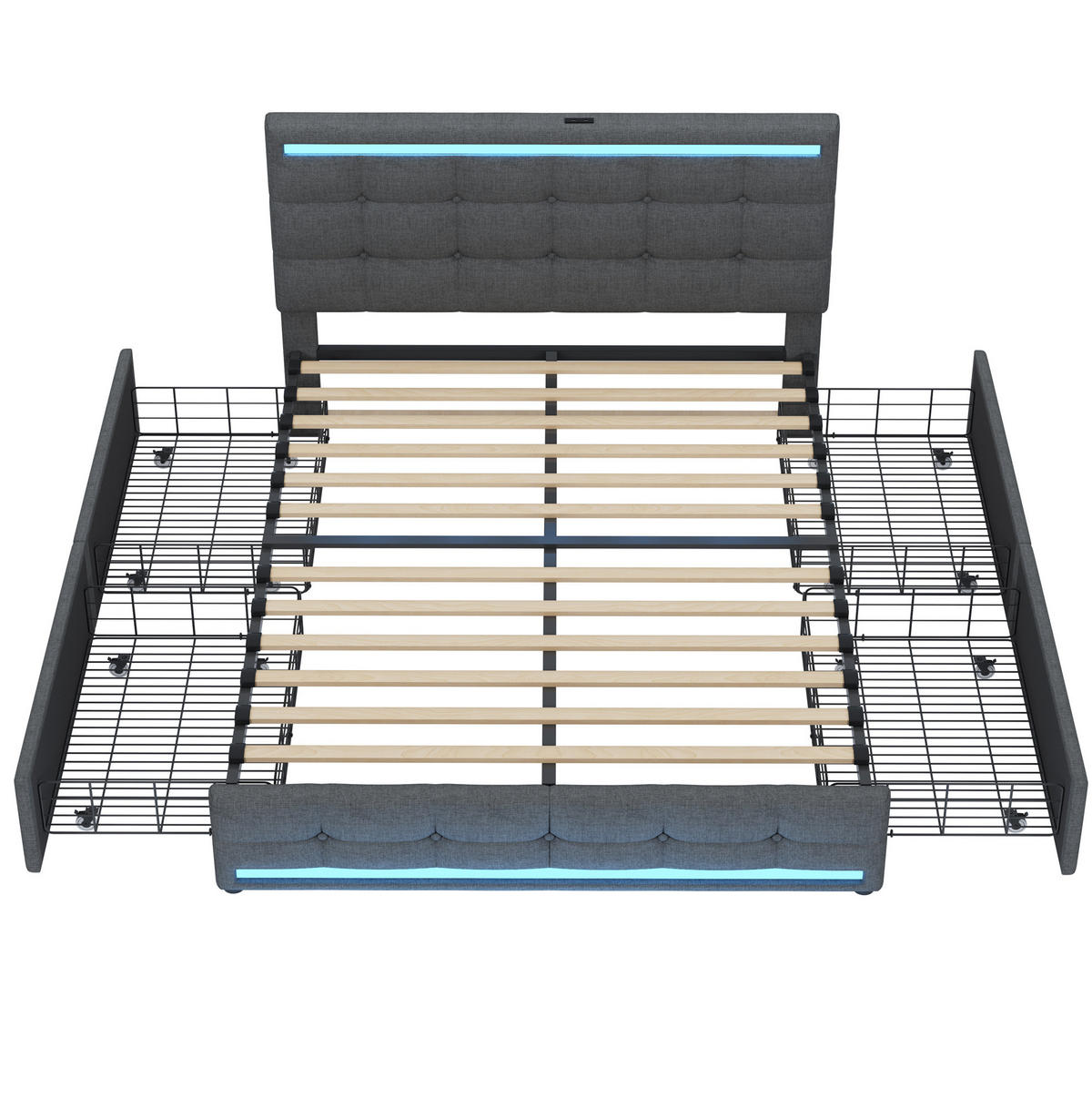 POLSTERBETT aus gepolstertem Stoff 140x200 cm Grau mit LED-Beleuchtung, 2 USB-Anschlüssen und 4 Schubladen - Grau, Textil (140/200cm) - Modfu