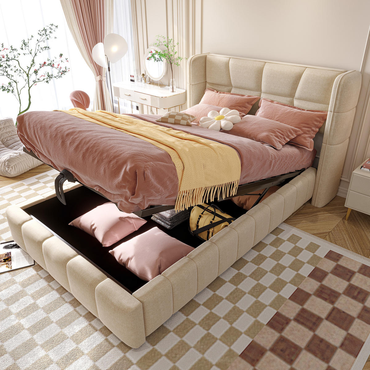 POLSTERBETT 90/200 cm beige aus Stoff mit Stauraum und Hebemechanismus - Beige, Textil (90/200cm) - OKWISH