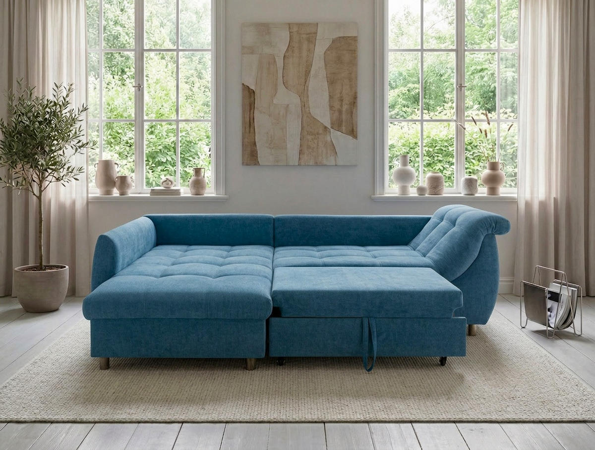ECKSOFA mit Schlaffunktion, Wellenunterfederung, Ottomane links B250/T190/H84 cm, Liegefl. 179x190 cm, Mikrofaser Blau / 17108 - Blau/Chromfarben, Textil/Metall (250/190cm) - luma-home