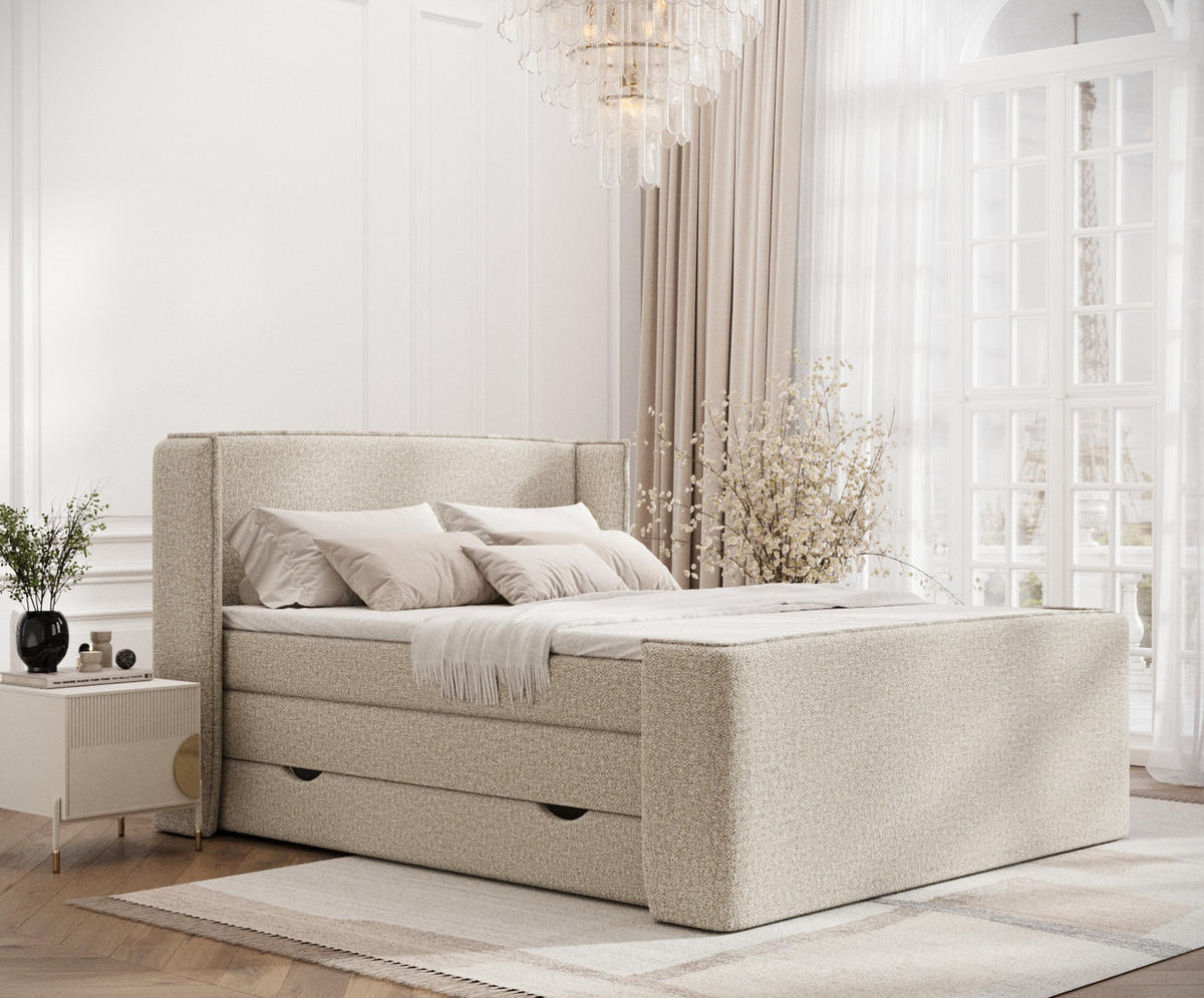 BOXSPRINGBETT Freeland Beige 140/200 cm mit Matratze und Topper - Beige/Schwarz, Holz/Holzwerkstoff (140/200cm) - Maison de Reve