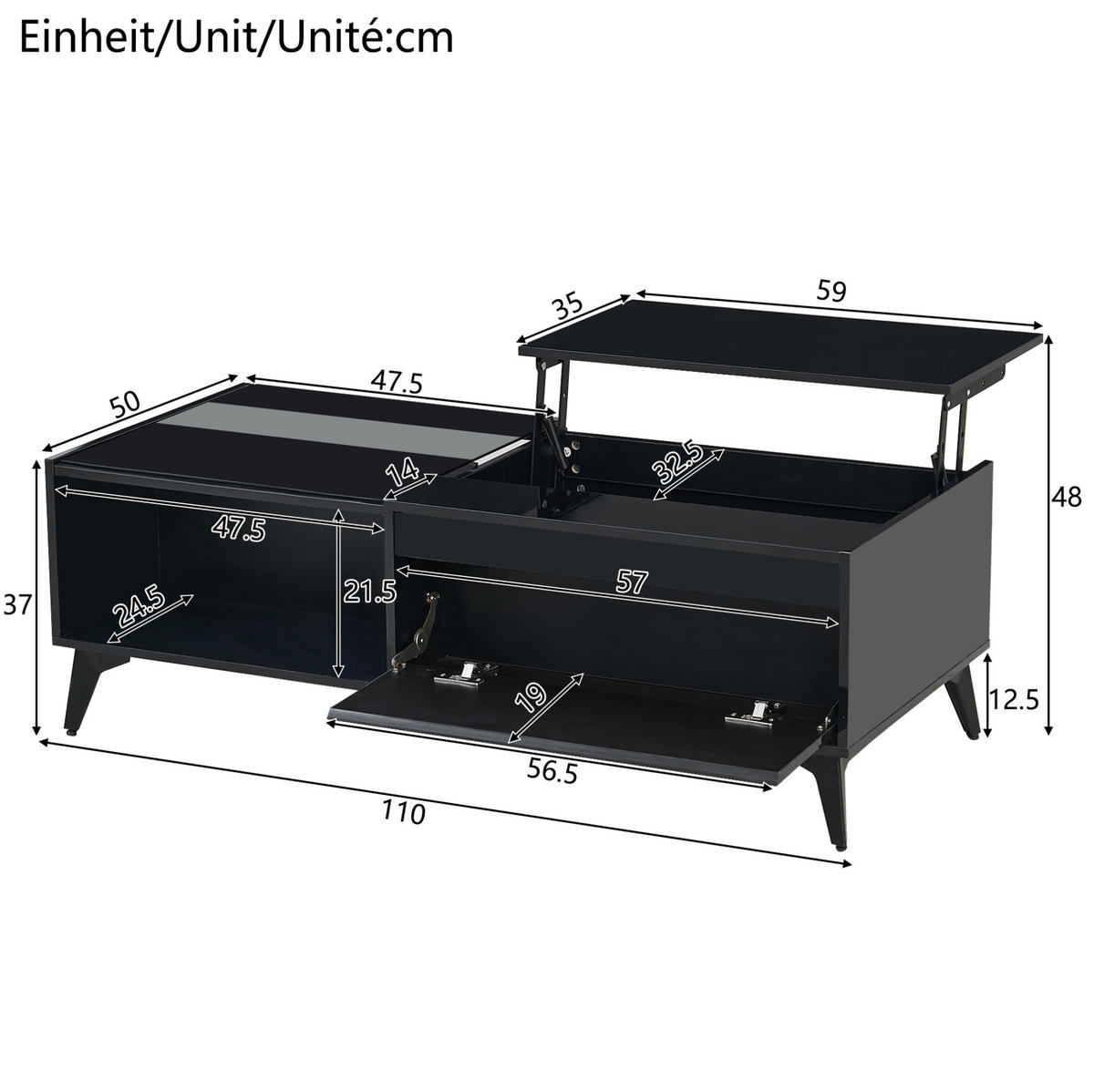 COUCHTISCH 110/50/48 cm mit Hebemechanismus, Stauraum und offenen Fächern aus Spanplatte, Schwarz - Schwarz, Holzwerkstoff (110/50/48cm) - Redom