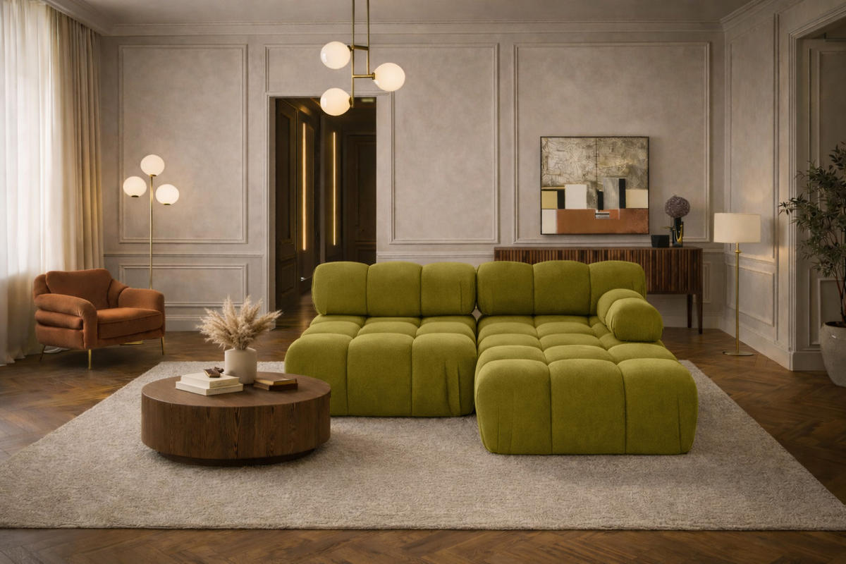 ECKSOFA L-Form Mini II Modular, Veloursstoff Salvador, Olive, Rechts, Selia - Olivgrün, Holz (190/160cm) - Kaiser Möbel