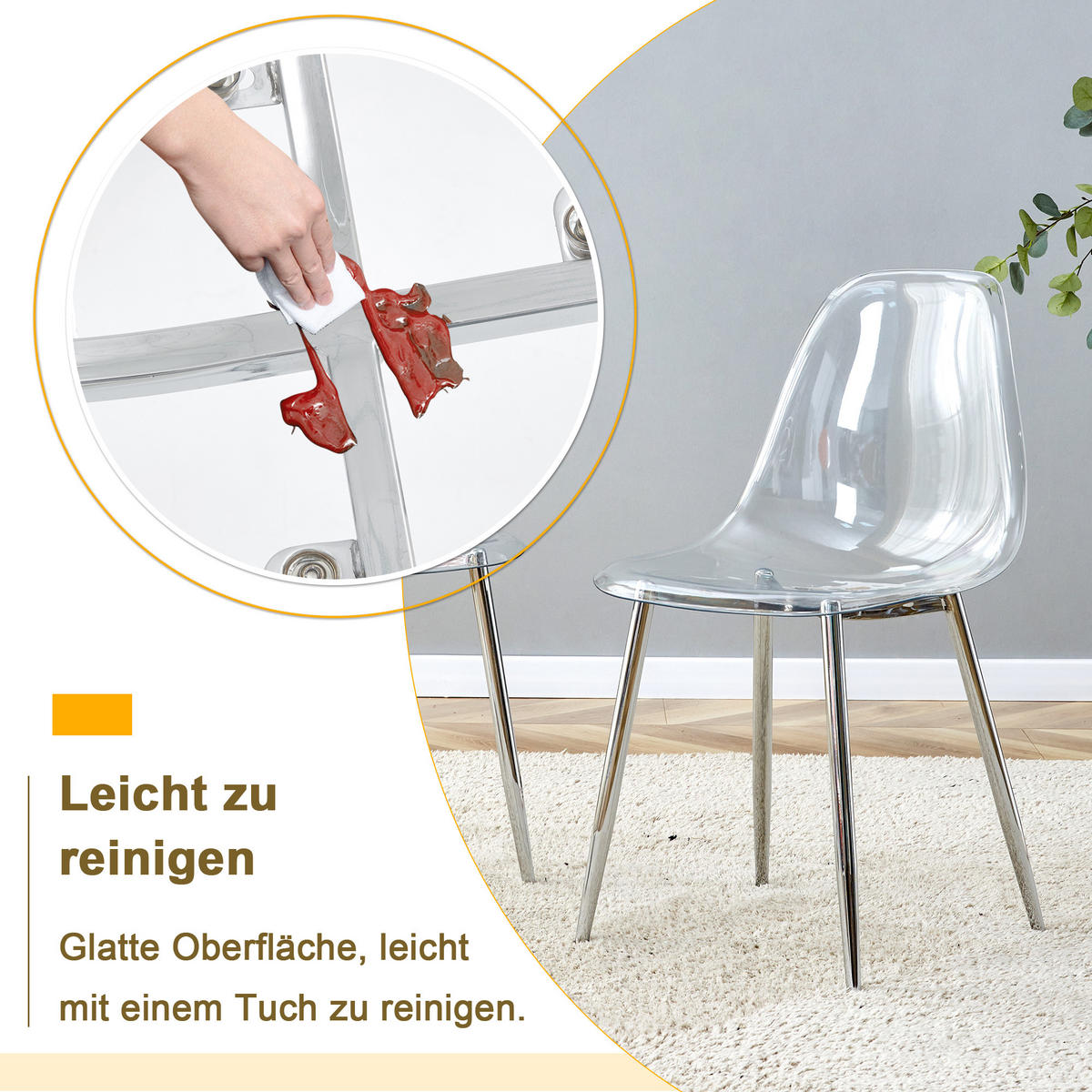 STUHL-SET DE-36594 4 Stück mit transparenter Sitzschale Silber - Silberfarben, Metall (45.7/83/44cm) - ComfortXL