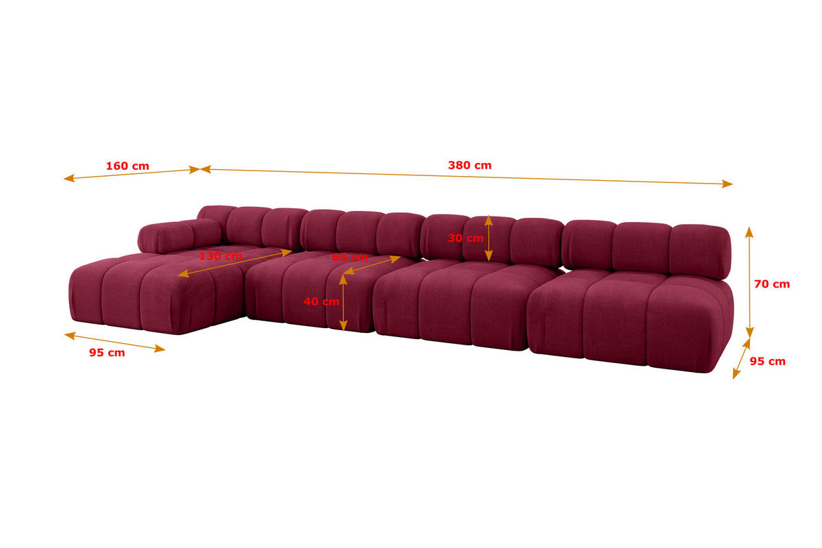 ECKSOFA modulares Sofa Razon-L3 - 380x160x70 cm Bordeauxrot Velours - Bordeaux, Holzwerkstoff/Textil (380/160cm) - ALTDECOR
