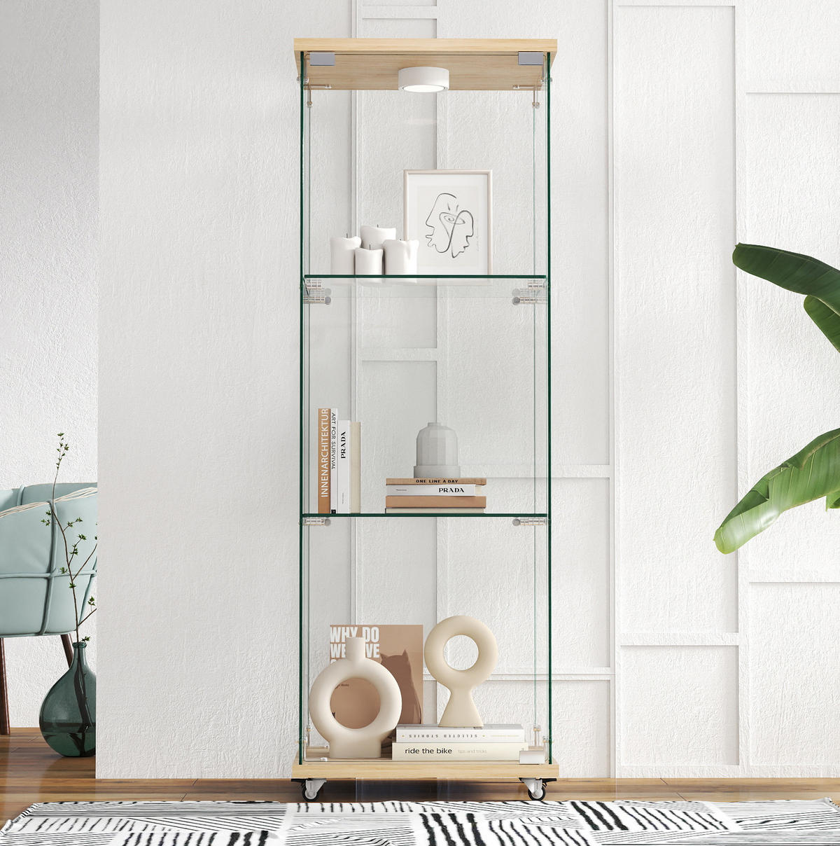 GLASVITRINE 36,5/42,5/120 cm naturfarben aus MDF und Glas mit LED-Beleuchtung - Naturfarben, Holzwerkstoff (42.5/120/36.5cm) - OKWISH