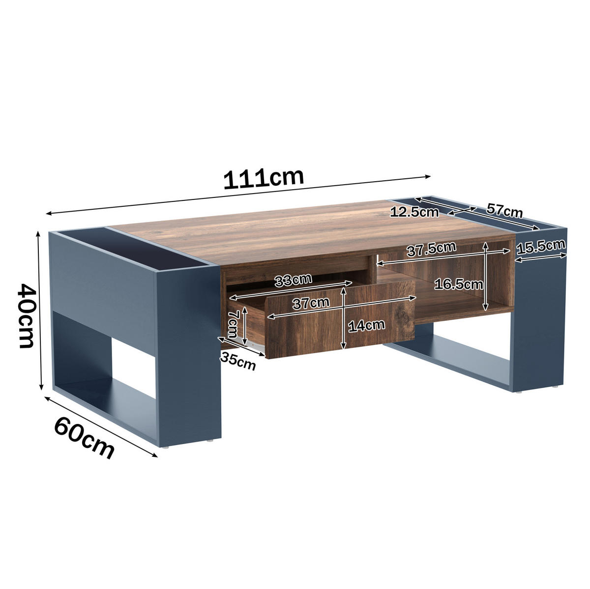 KONFERENČNÍ stolek, 111/40/60 cm, dřevodekor a černošedá, s zásuvkou a úložným prostorem - černá, kompozitní dřevo (111/60/40cm) - BEAOK