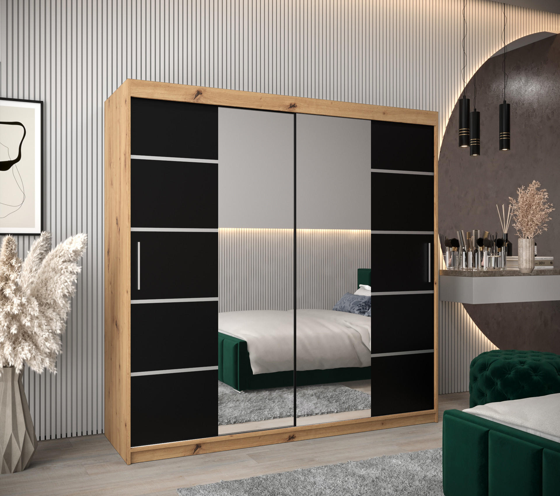 SCHWEBETÜRENSCHRANK 200/200/62 2-türig - Silberfarben/Schwarz, Holz/Kunststoff (200/200/62cm) - MÖBEL KRYSPOL