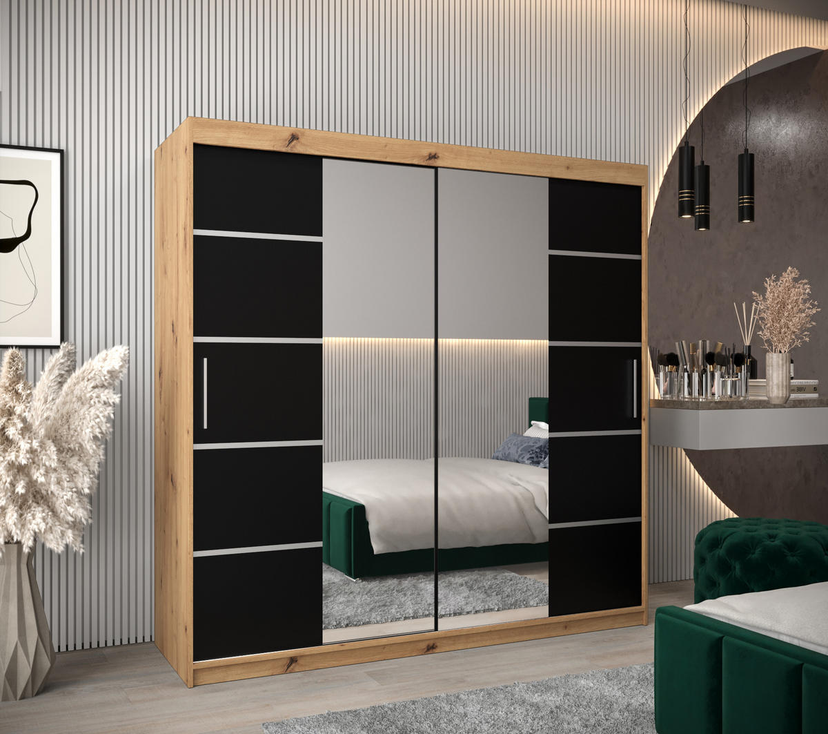 SCHWEBETÜRENSCHRANK 200/200/62 2-türig - Silberfarben/Schwarz, Holz/Kunststoff (200/200/62cm) - MÖBEL KRYSPOL