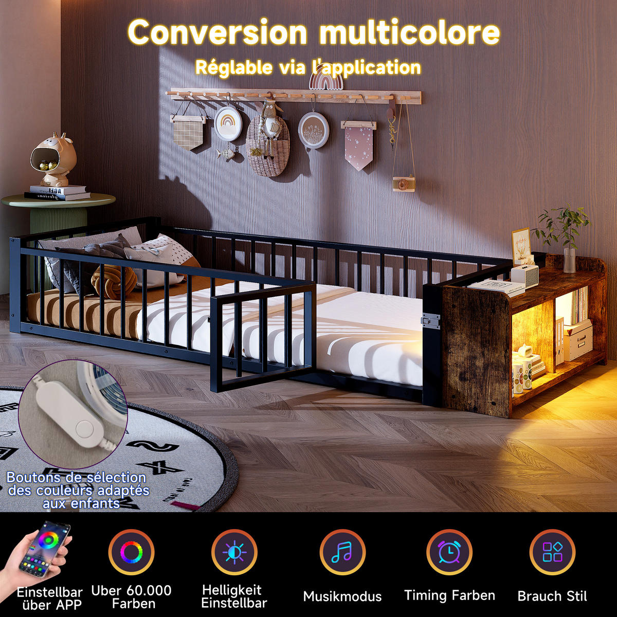 METALLBETT 90x200 cm LED Schubladen schwarz - Schwarz, Holzwerkstoff (90/200cm) - LEBENLANG