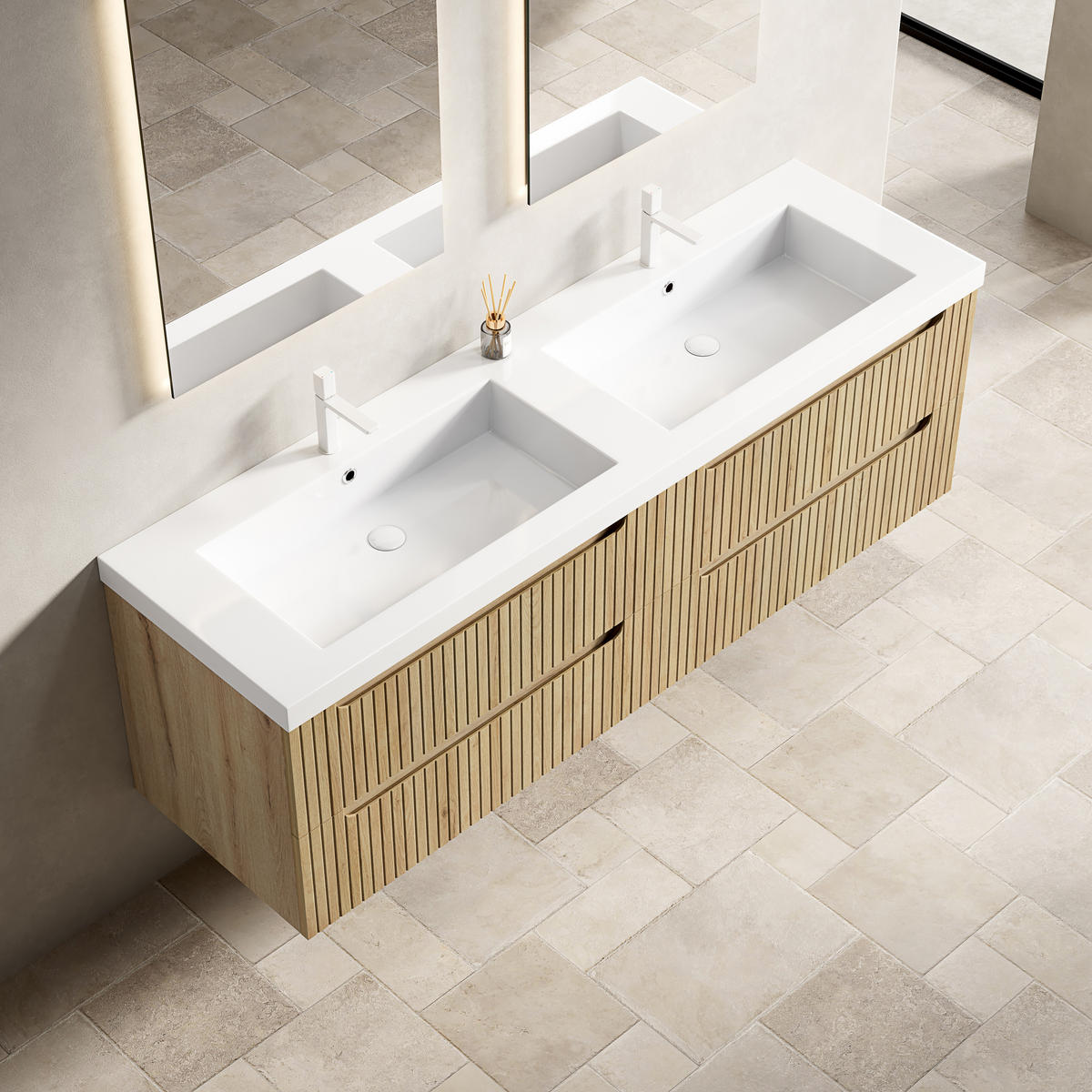 WASCHTISCHUNTERSCHRANK 160x46x53cm Weiß/Weißeiche mit Kunststeinbecken - Eichefarben, Kunststoff (160/53/46cm) - Modfu