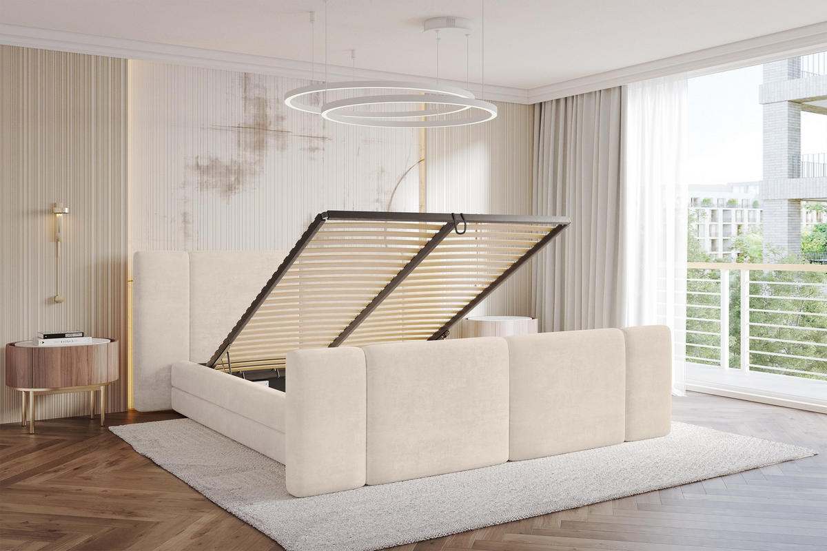 POLSTERBETT mit Bettkasten, Fußteil und Lattenrost, Bett mit Matratze H3/H4 - TEVO-Z 140x200 Beige - Beige, Holzwerkstoff/Textil (140/200cm) - ALTDECOR