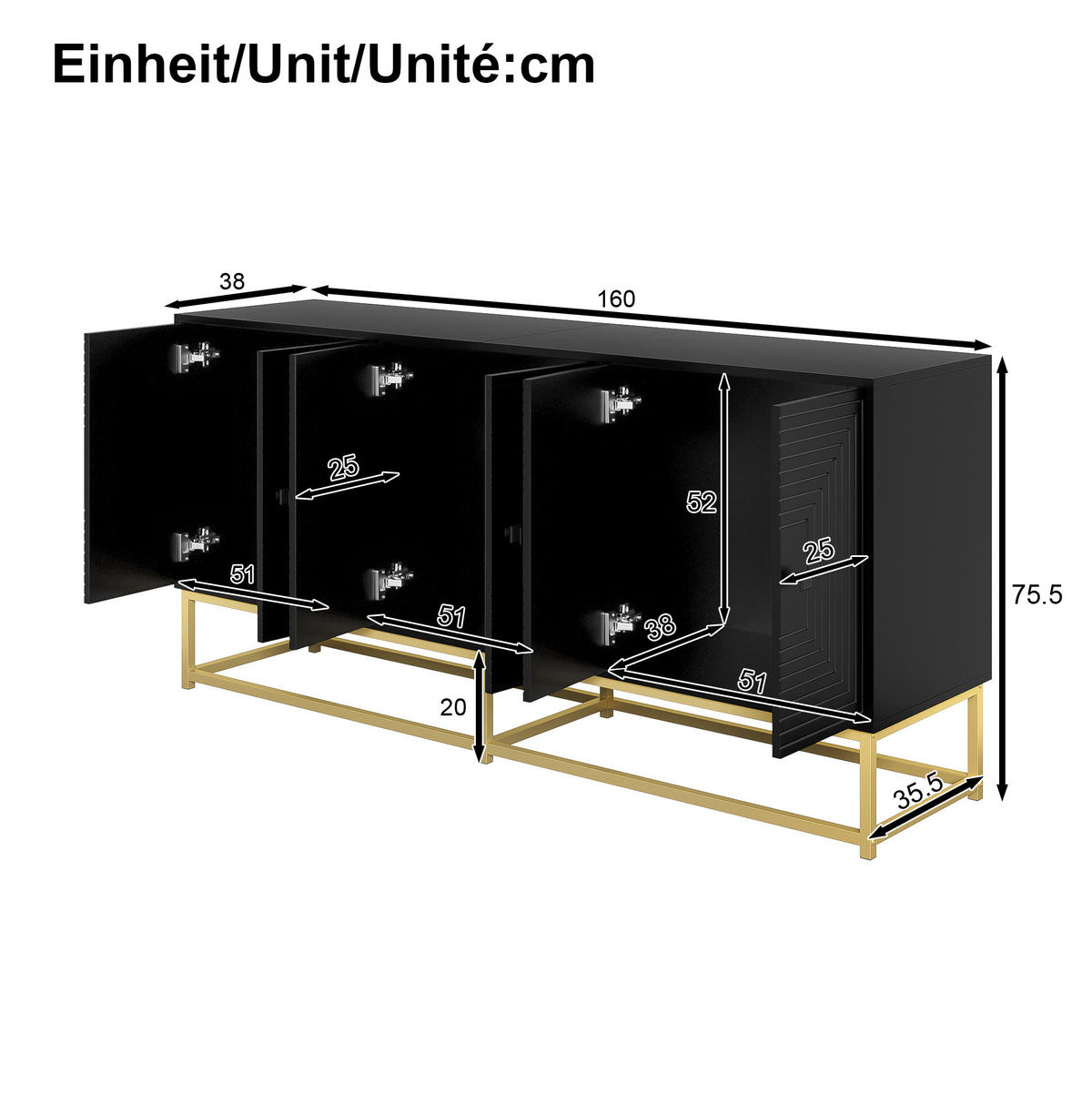 KOMMODE 160/38/75,5 cm mit 3 Doppeltüren in Schwarz - Schwarz, Holzwerkstoff (160/75.5/38cm) - BEAOK