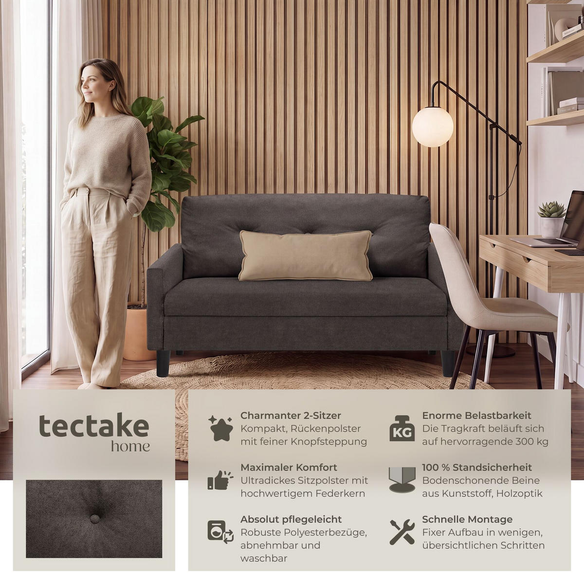SOFA Viborg, 121,5 x 77 x 91 cm, grau - Braun/Grau, Kunststoff/Textil (121.5/91/77cm) - tectake